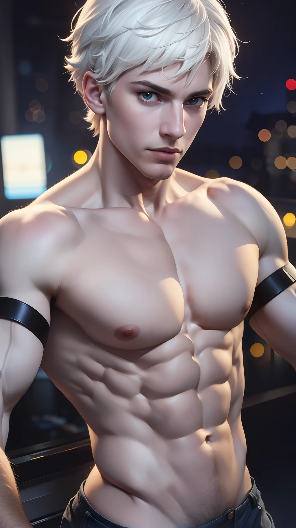 ((Realistic lighting, Best quality, 8K, Masterpiece: 1.3)), Clear focus: 1.2, 1boy, Perfect figure: 1.4, Slim Abs: 1.1, ((White hair)), (club, Night: 1.1), ballad, pale skin, sculpted slim face, selfie, man, male focus, big pectoral, muscles