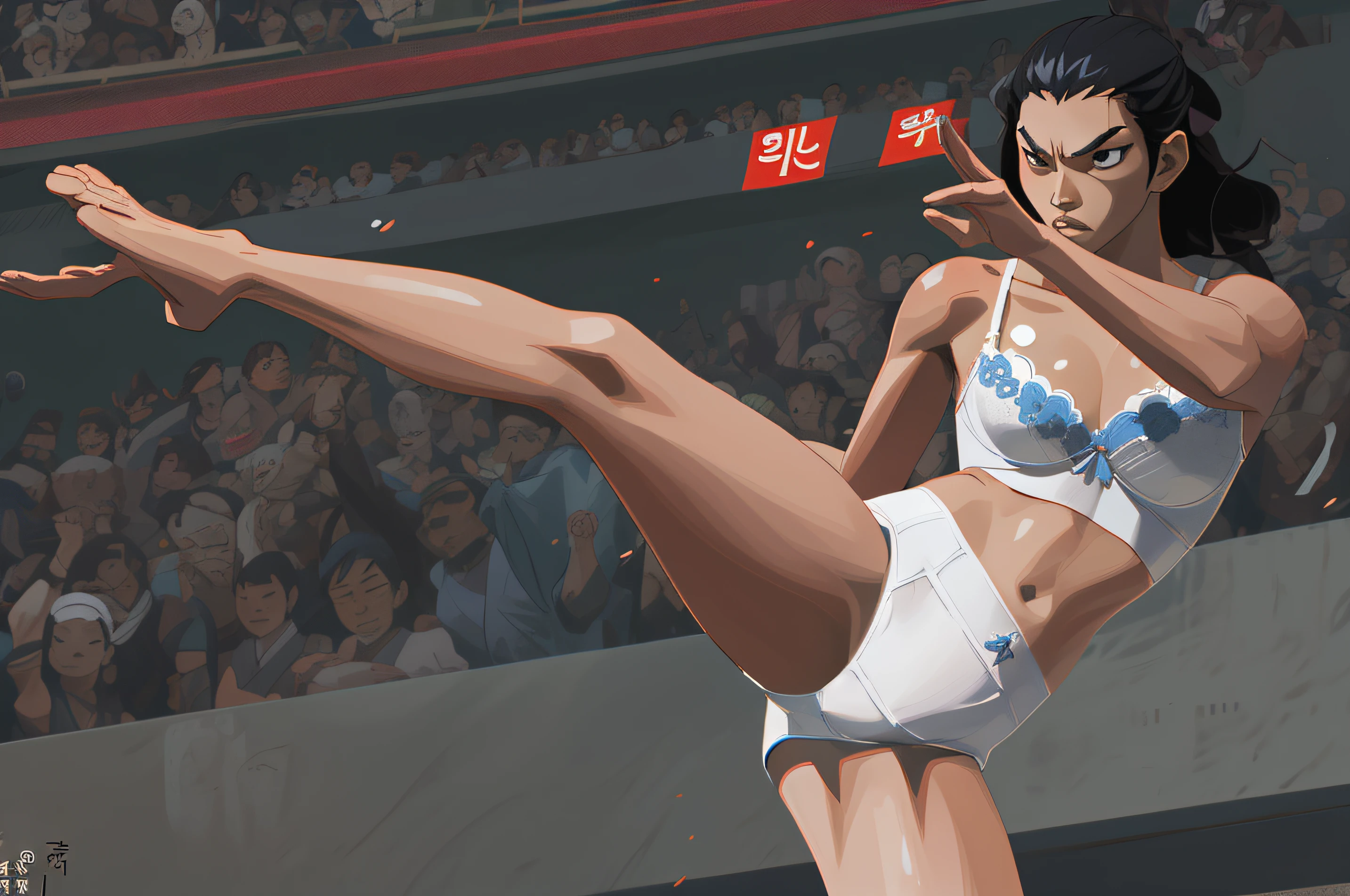 Korean martial arts woman, in white bra, white cotton panties, throwing a high kick, anime art style, intricate details