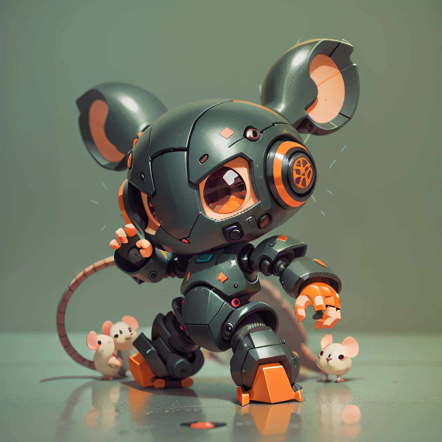 chibi, mouse, cute, mice robot, high tech, black and orange color, bigbadejo, full body, masterpiece, 3D Rendering, Best Quality, Lots of Detail, (plain background), vinyl toy figurine, (perfect hands), (5 fingers on each hand)