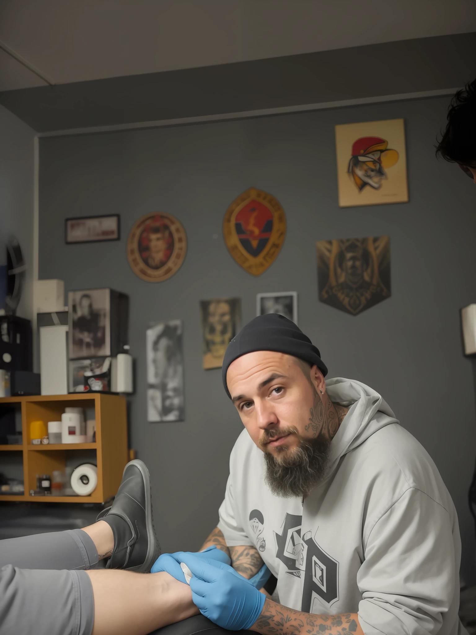 there is a man getting a tattoo on his leg, tattoo artist, taken with sony alpha 9, in his basement studio, by Petr Brandl, tattoo parlor photo, high quality portrait, shot on nikon z9, captured on canon eos r 6, by Robert Zünd, shot on canon eos r 5, shot on canon eos r5