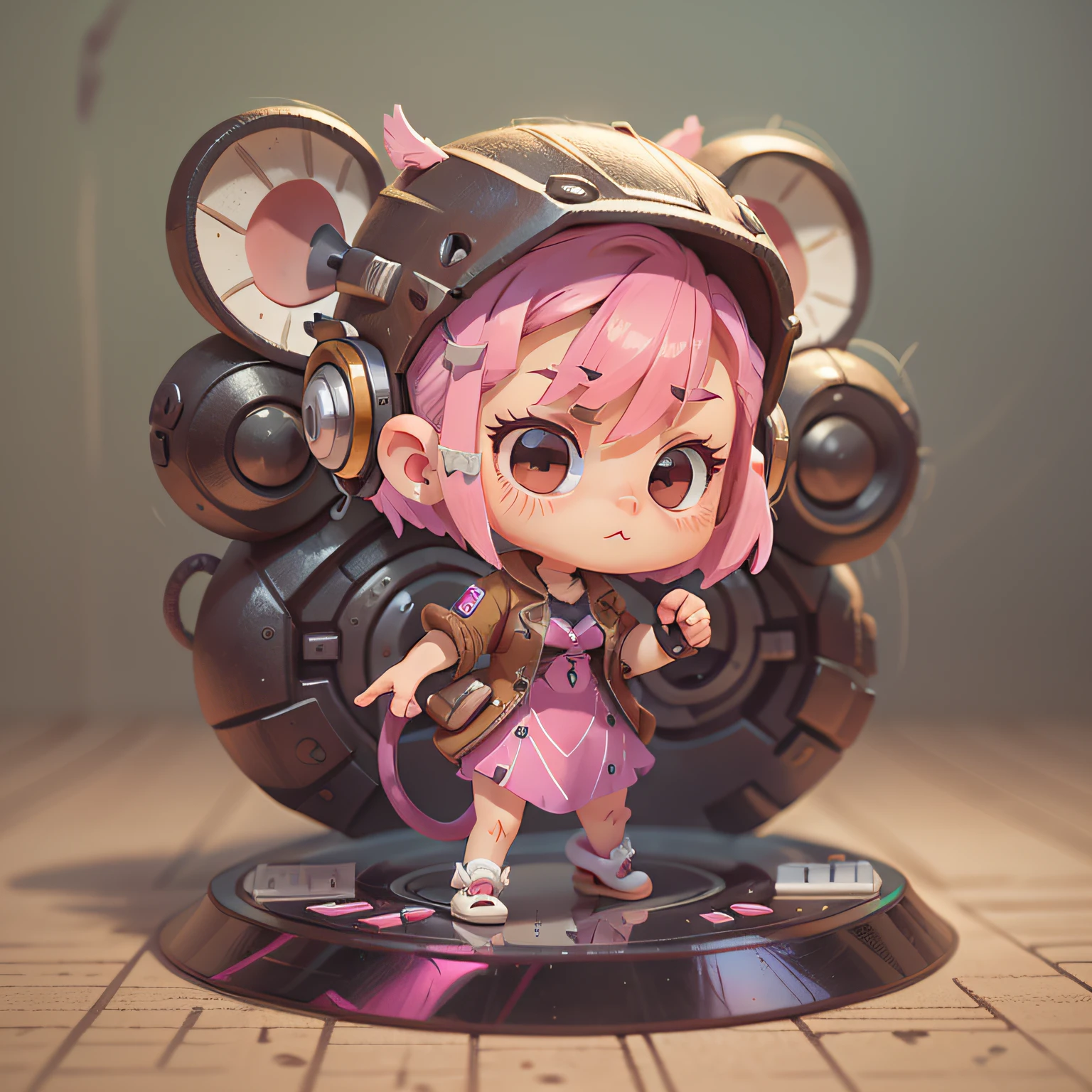 chibi, mouse, cute, zarya overwatch game, action pose, female, darker background, scary ambience,  bigbadejo, full body, masterpiece, 3D Rendering, Best Quality, Lots of Detail, (plain background), vinyl toy figurine, (perfect hands), (5 fingers on each hand)