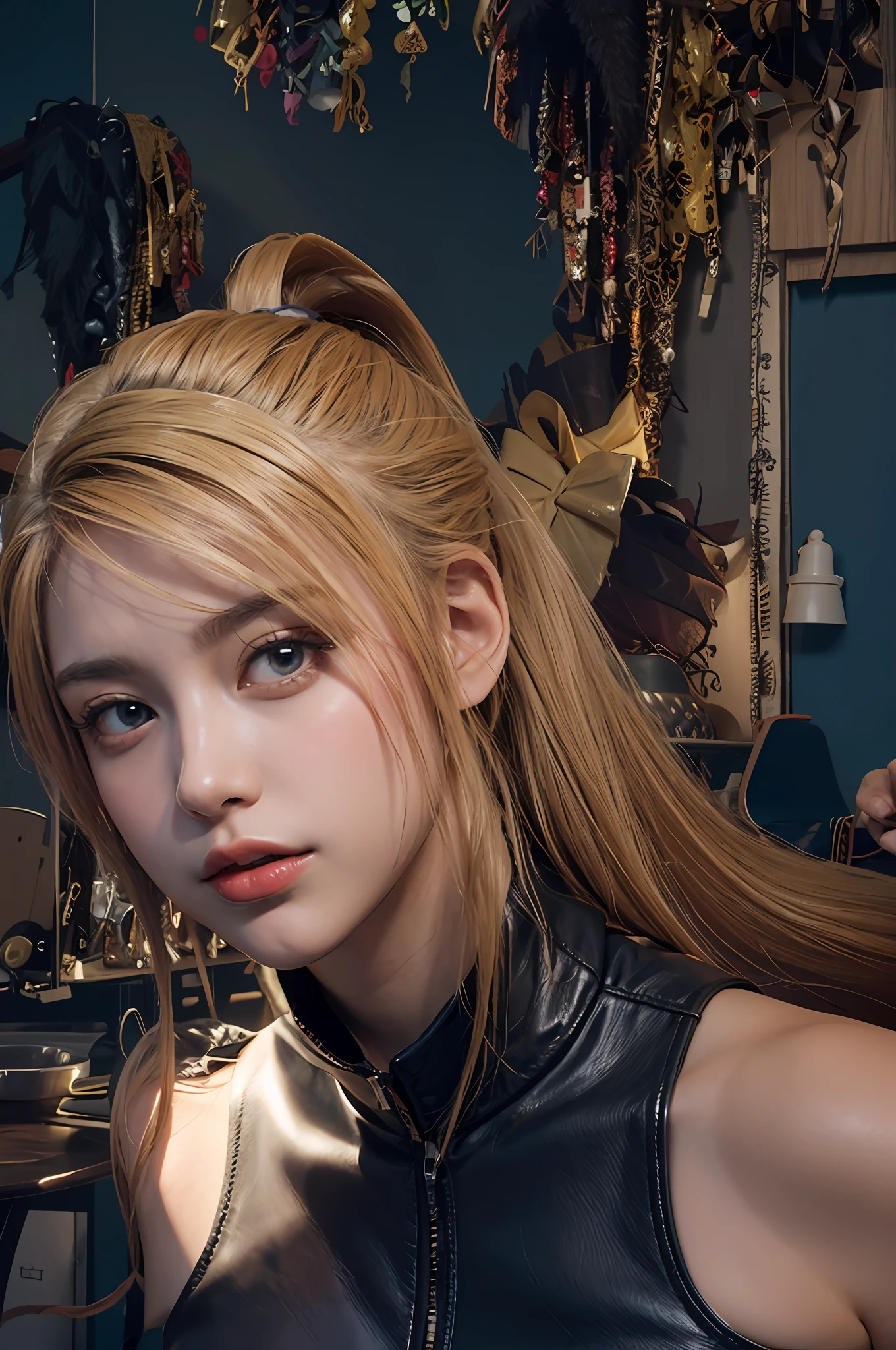 Sleeveless, photorealistic, high resolution, 1 girl, colorful hair color, Korean, cowboy shot, sleeveless, dark blue leather bodysuit, blonde, ponytail, center zipper
