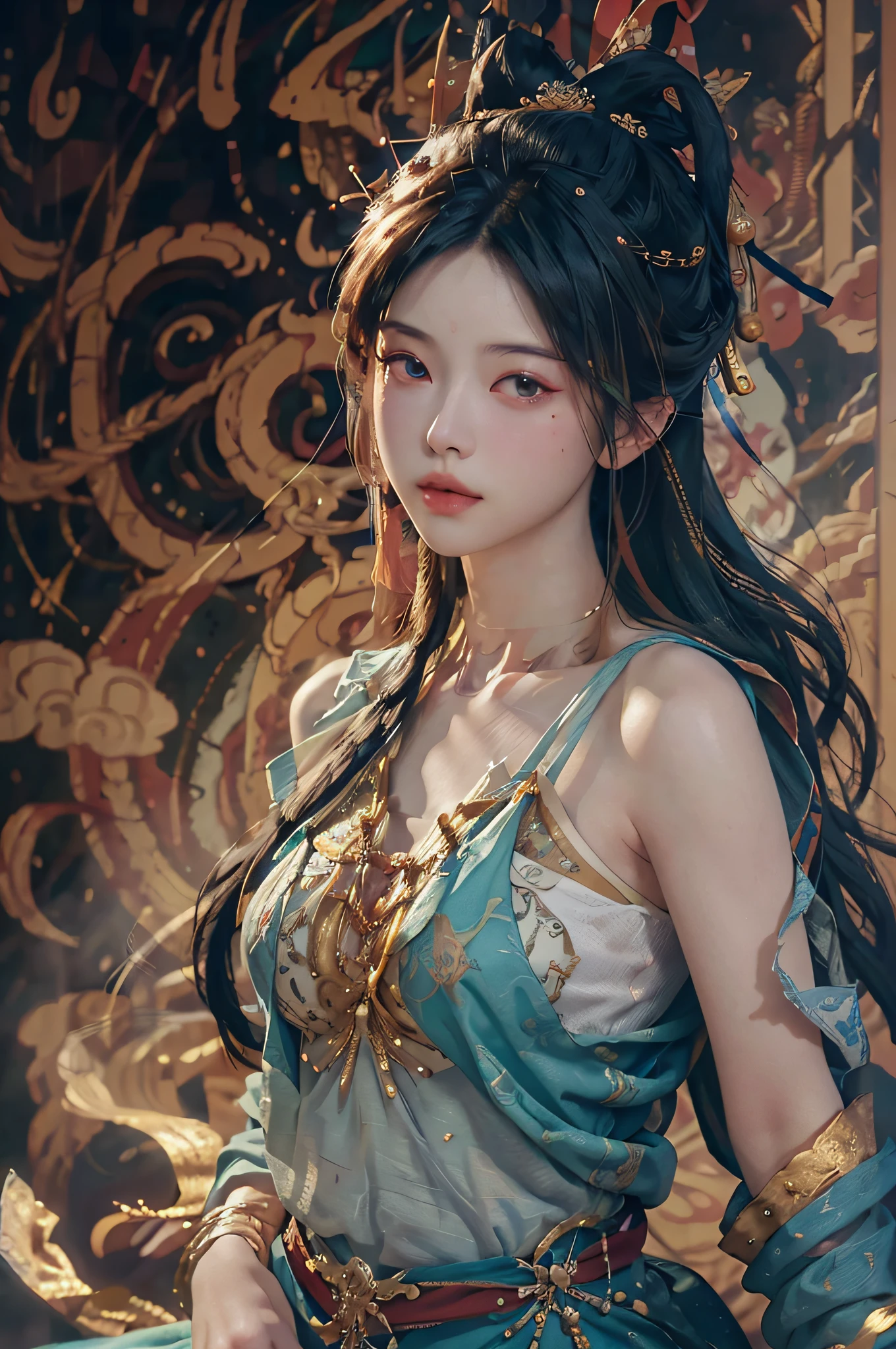 (RAW photo, best quality), (realistic, photo-realistic:1.3),best quality,highly detailed,masterpiece,ultra-detailed,illustration,1girl,upper_body,dynamic angle,world masterpiece theater,messy_long_hair,best quality,extremely detailed CG unity 8k wallpaper,ink,Amazing,cinematic lighting,lens_flare, dunhuang_style