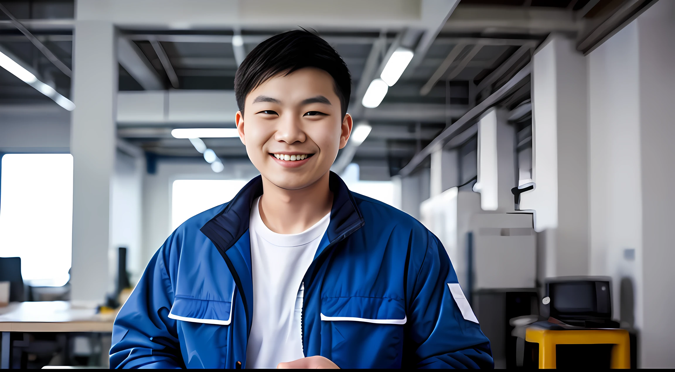 smiling young chinese man in blue jacket thumbs up, wearing plumber uniform, very professional, stock photo, maintenance, thumbs up, in office scene, professional work, fine workmanship, professional photo, shutter stock, maintenance photo, chinese man, upload, thumbs up, warm friendly expression, photo still, hd photo, masterpiece