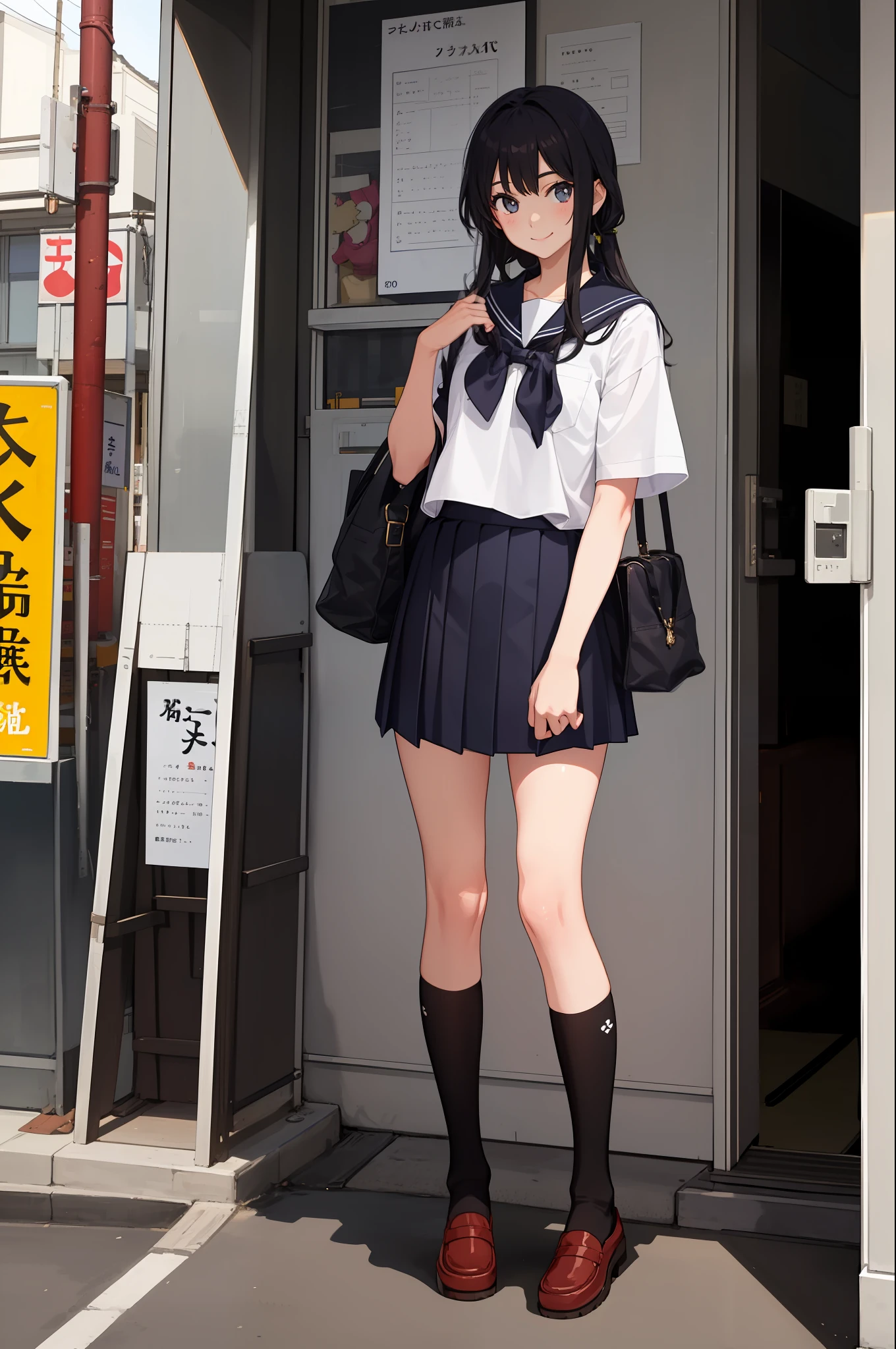 1 girl, smile, shirt, skirt, (small) chiralism, Japan high school school school uniform, serafuk, summer clothes,