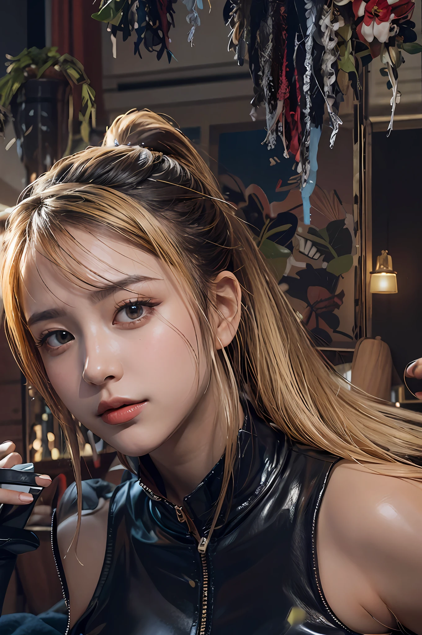Sleeveless, photorealistic, high resolution, 1 girl, colorful hair color, Korean, cowboy shot, sleeveless, dark blue leather bodysuit, blonde, ponytail, center zipper