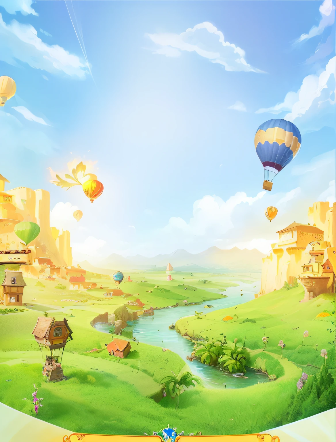 cartoon illustration beautiful landscape with hot air balloon flying over river, background artwork, mobile game background, background art, game background, game illustration, fantasy matte painting, cute, mobile game art, whimsical fantasy landscape art, beautiful artwork illustration, fairy tale style background, fantasy world concept, near village background, kingdom of light background, amazing background, fantasy city background