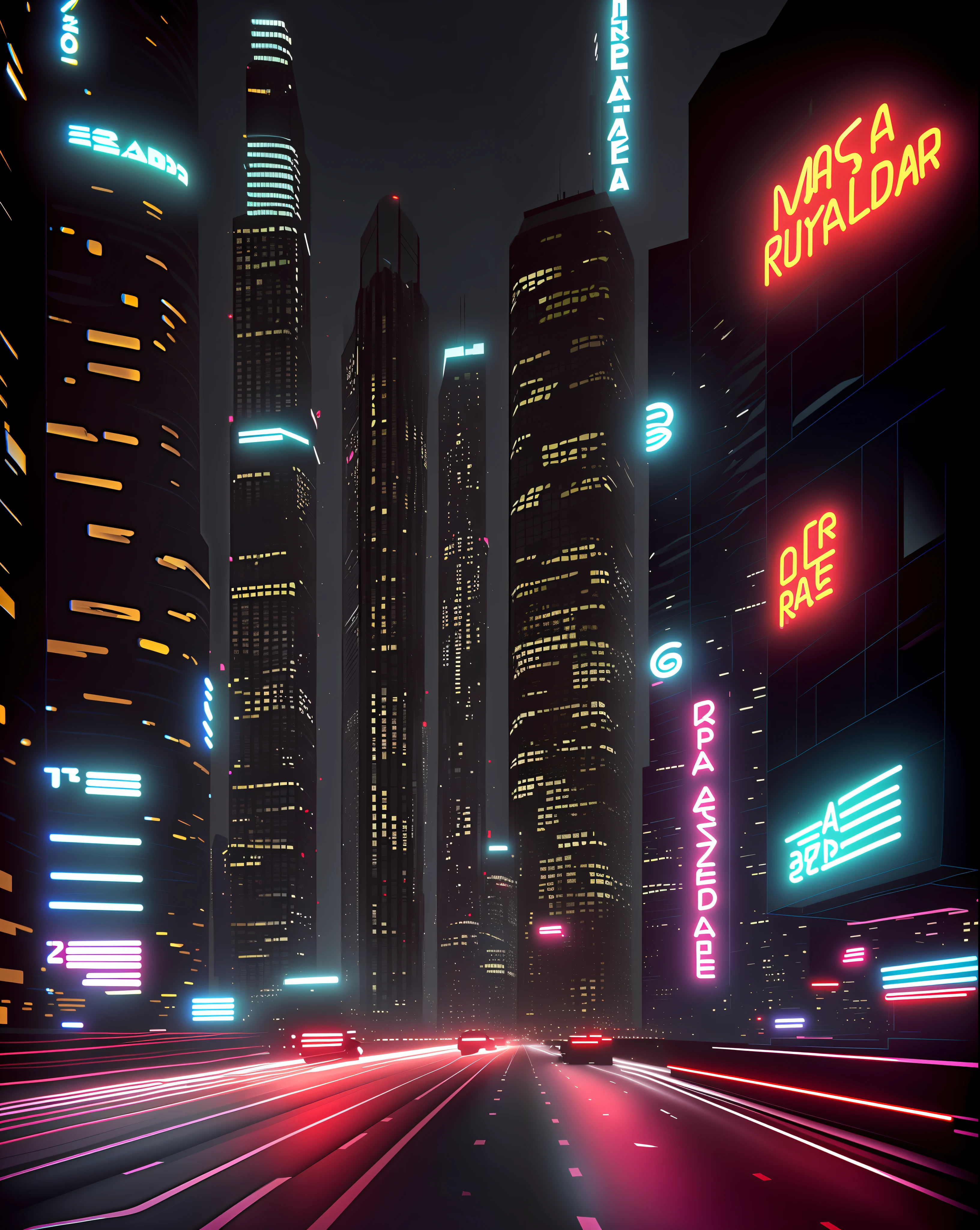 ((In the style of Blade Runner)), futuristic, neon-lit, bustling metropolis at night, flying cars, skyscrapers piercing the clouds, vibrant colors, retro-futuristic architecture, glowing holographic billboards, smooth roads, reflective surfaces, pulsating music, cyberpunk aesthetics