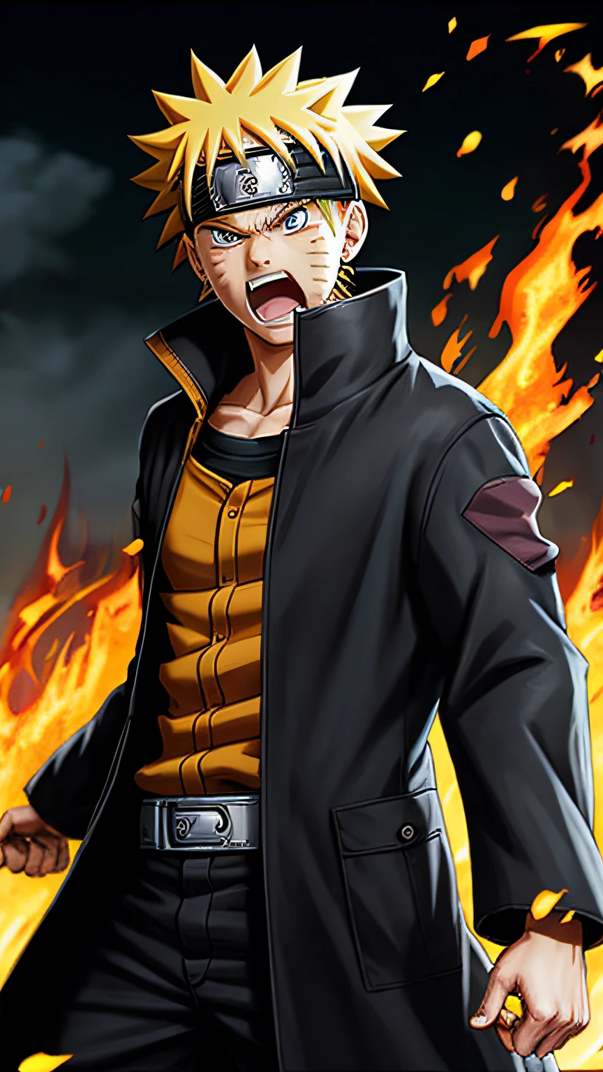 Naruto,1boy,  lightning, angry, open mouth,nearly naked coat, fire red eyes, flamingEye