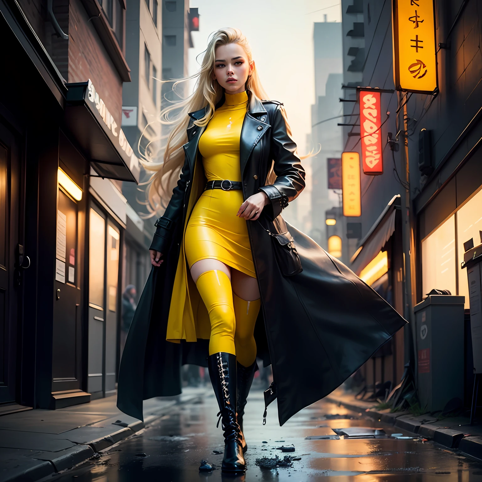 ((beautiful woman)), with overcoat clothes ((yellow)), cyberpunk, ultra realistic, ultra detail, bioluminescence yellow color, beautiful lighting, black leather boots and long hair --auto