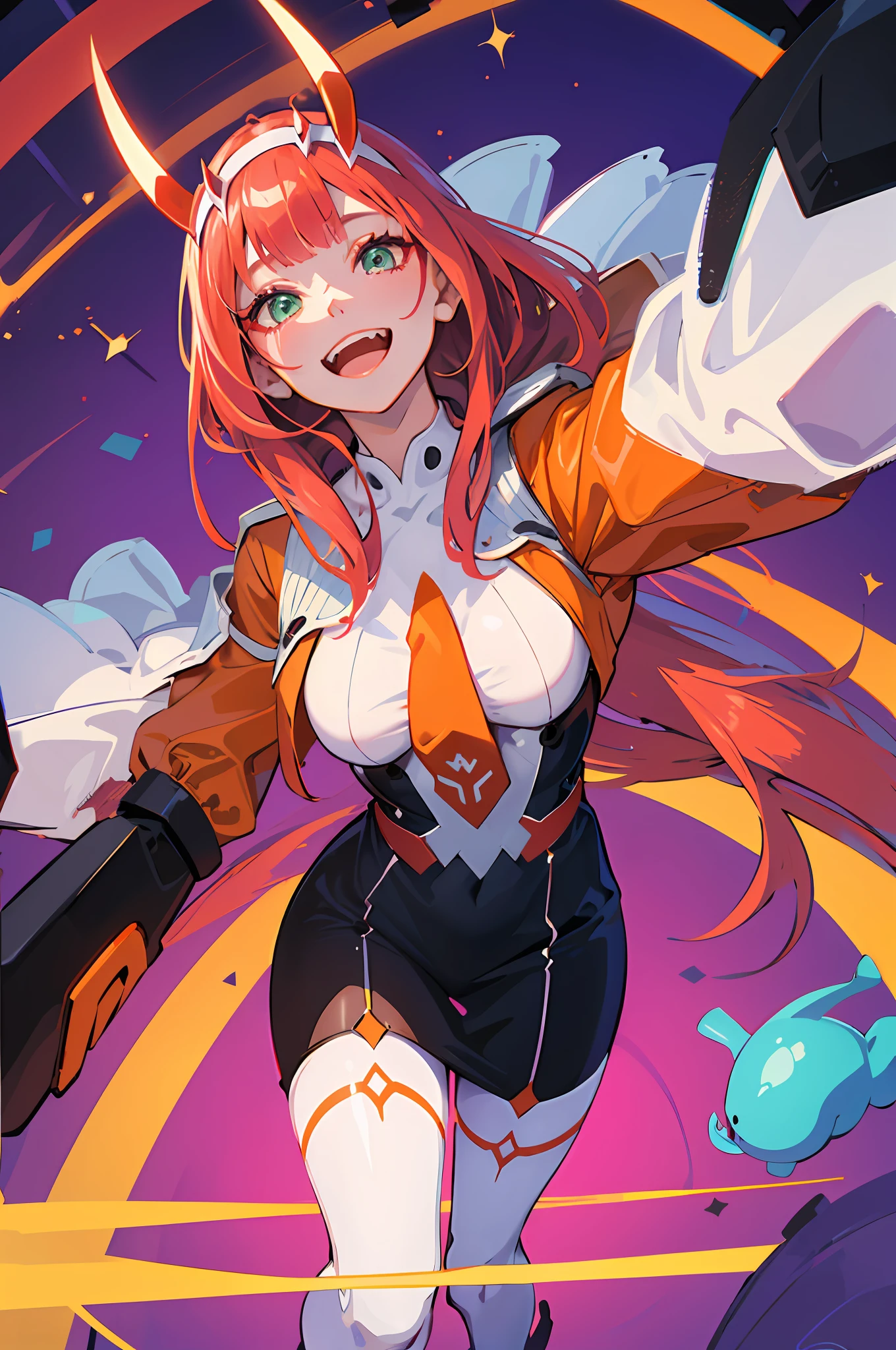 zero two \(darling on franxx\), darling on franxx, 1girl, fringe, selfie, smiling, biting, shadow, green eyes, hair behind head, horns, long hair, makeup, small breasts, red dress, orange tie, belt, red long sleeve, pantyhose, pink hair, red eyeshadow, science fiction, tight skin, solo