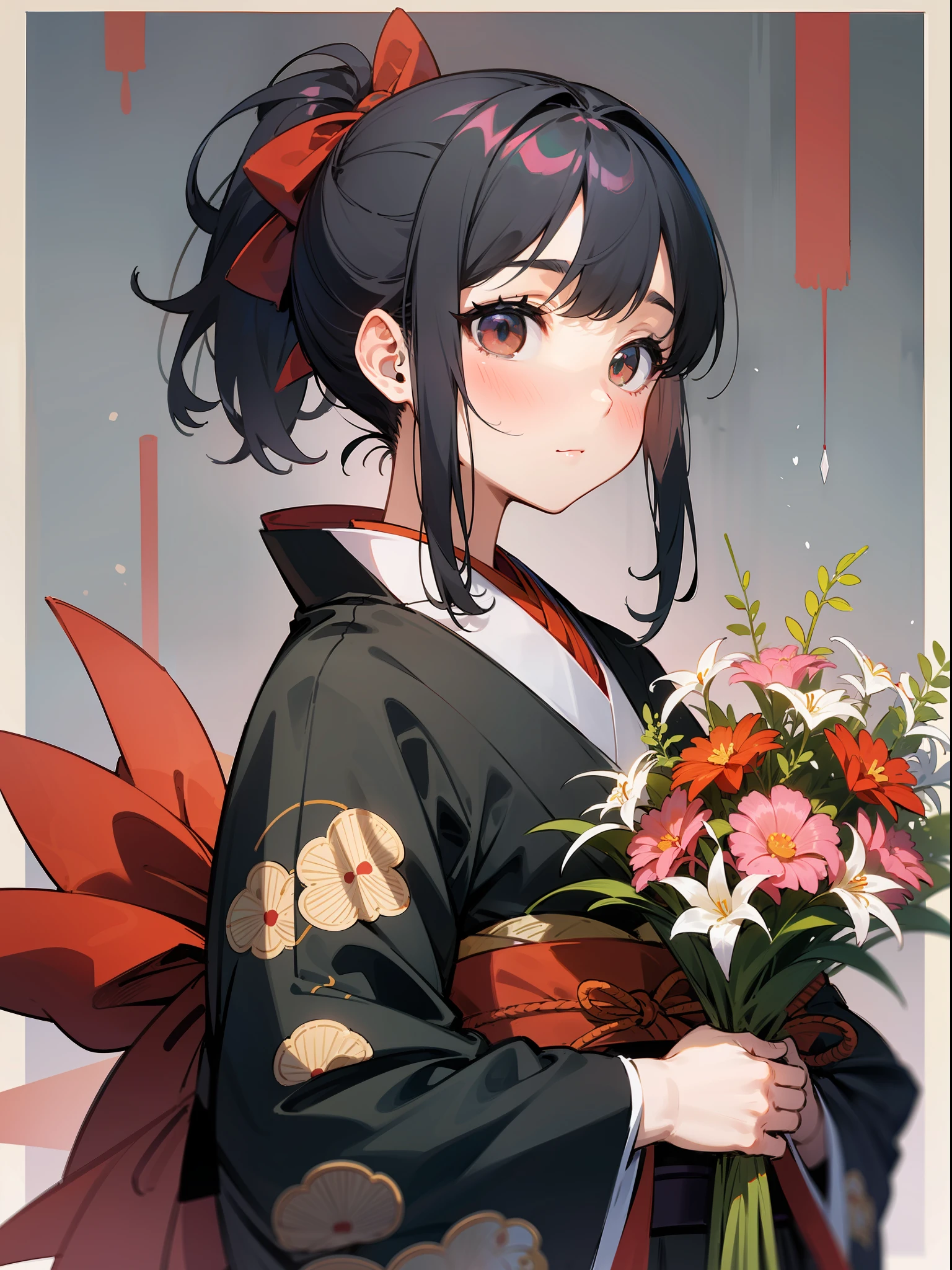 Masterpiece, super high quality, super detail, perfect drawing, solo, beautiful girl, black ponytail, hair tied with a big red ribbon, samurai costume, kimono, hanging eyes but cute, blush: (0.2), equipped with two Japan swords, holding a big bouquet, bouquet with love, bouquet to you,