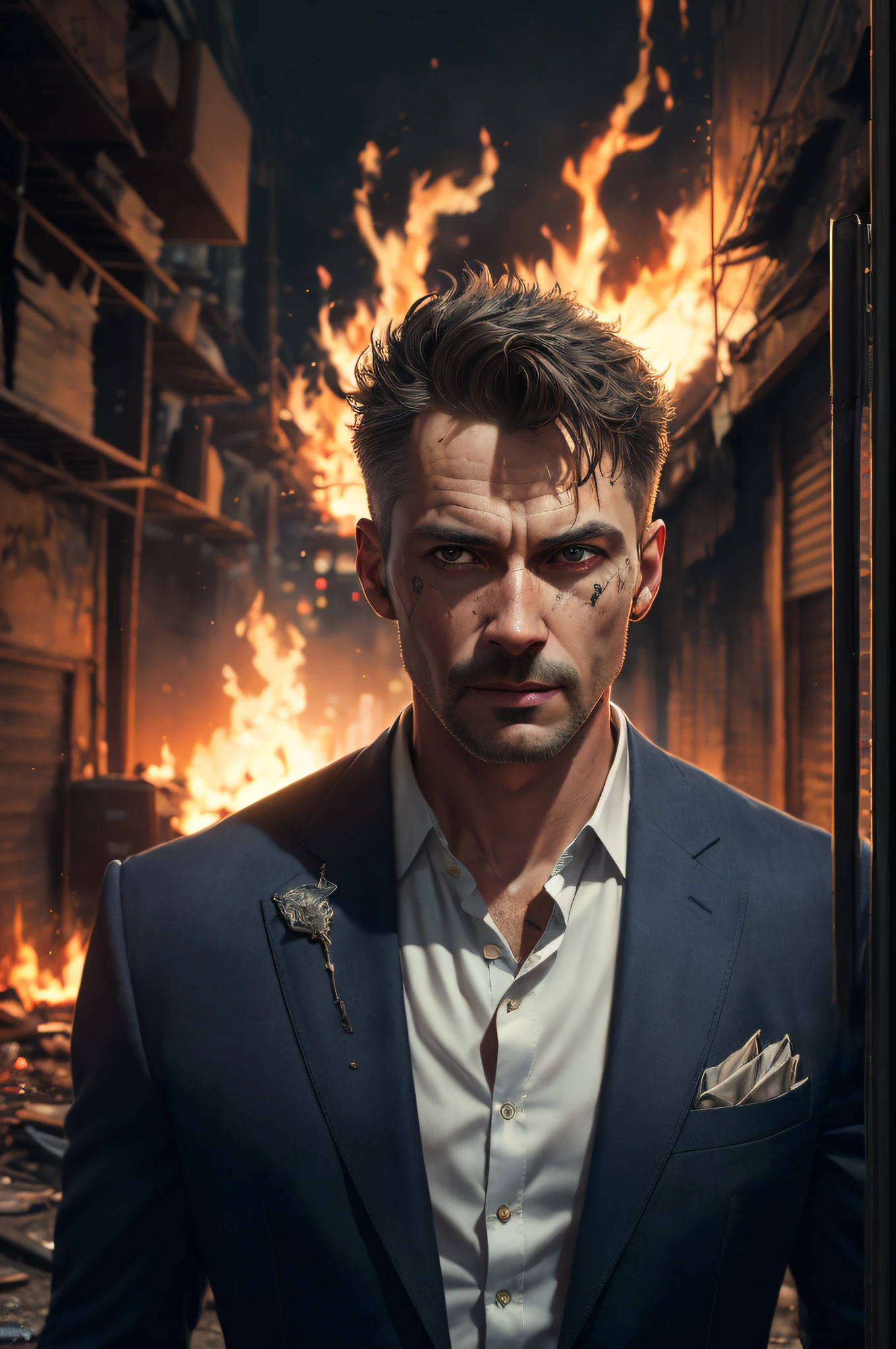 award winning photo of a mature man, sirsean,(realistic, photo-realistic:1.4),(sharp focus:1.4),
(detective:1.2), (fancy suit:1.1), smirk, (ultra detailed face and eyes:1.1), (album art:1.1), slum cyberpunk, frown, (slum old garage:1.1), (artpunk:1.0), unique pose, (trigun:1.1), (masterpiece:1.1), best quality, run-down, ultra high detail, (by antoine blanchard and casey baugh:1.1), (by zdzislaw beksinski:0.8), extremely intricate, extreme detail, raytracing, reflections, beautiful lighting, (harsh lighting:1.1), (High Saturation Clarity Contrast, deep levels, sharp, retouched, color graded:1.1), soft lighting, cinematic, (heavy contrast:1.2),sharp focus,,burning,(breathing fire),(explosion),fiery tail,