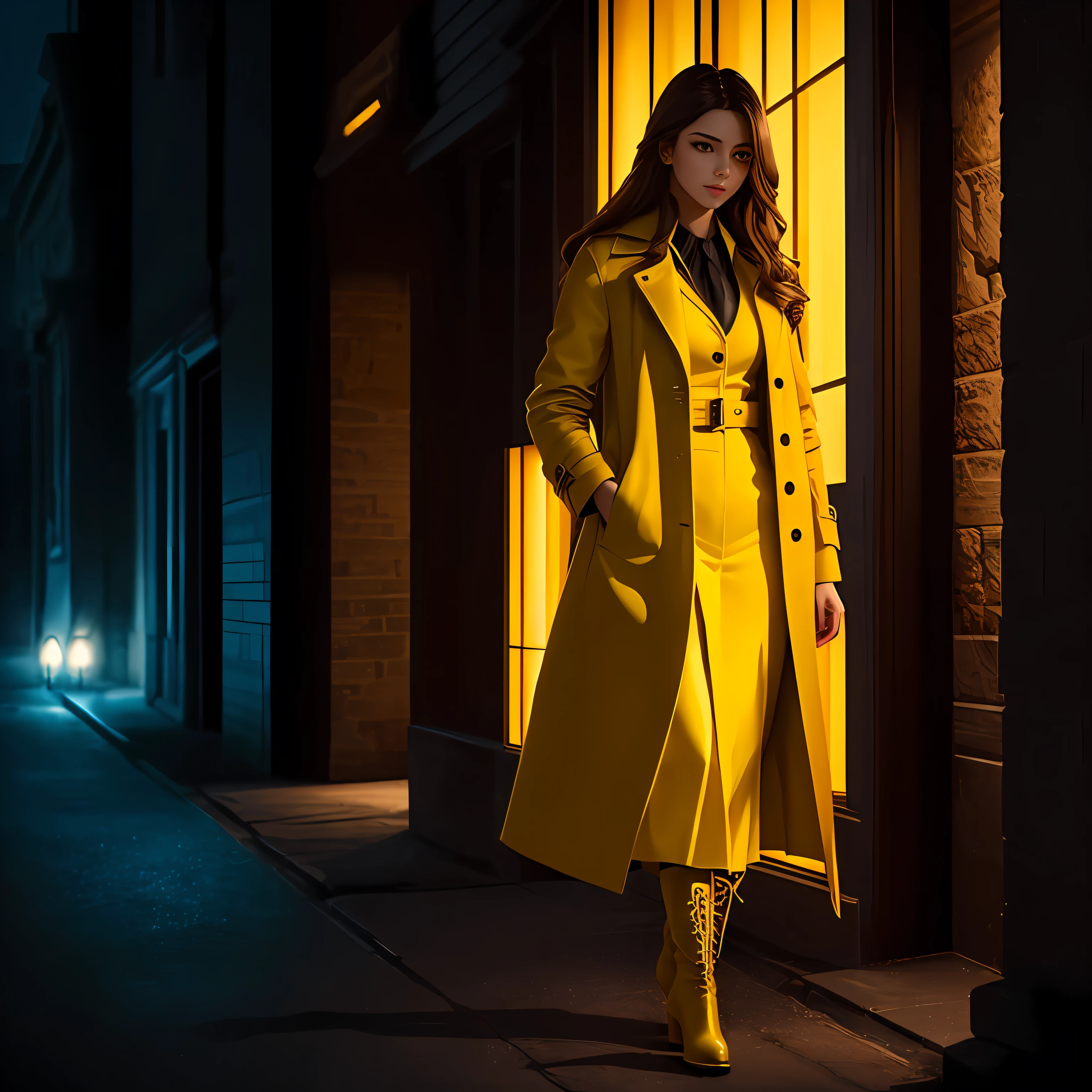 ((Beautiful woman)), with overcoat clothes ((yellow)), ultra realistic, perfect and feminine face with full hd details, yellow color bioluminescence, beautiful lighting, black leather boots and long hair --auto