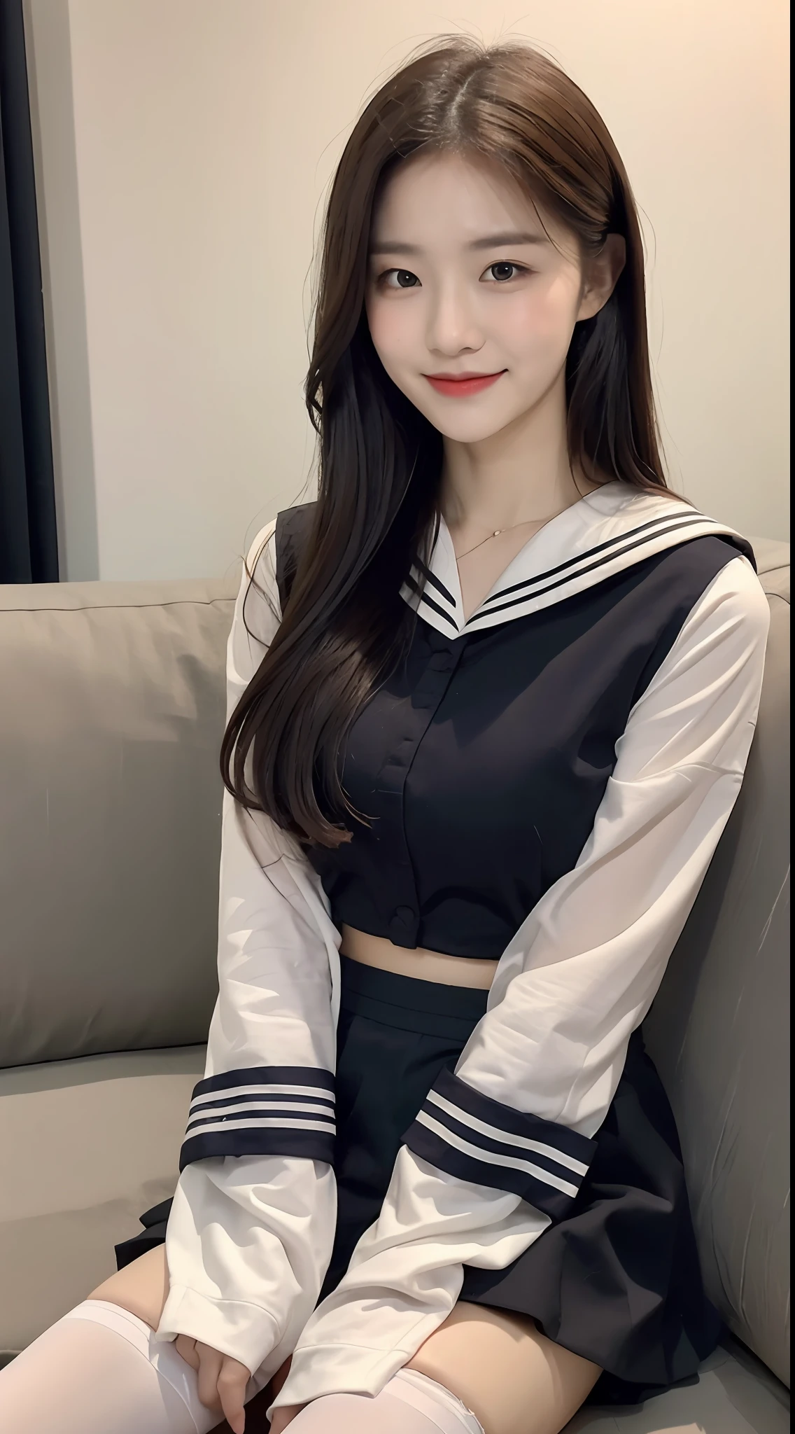 (1 Korean star with royal sister style), ((best quality, 8k, masterpiece: 1.3)), focus: 1.2, perfect body beauty: 1.4, (smile), (room: 1.3), (sitting on the sofa), highly detailed face and skin texture, fine eyes, double eyelids, whitening skin, (big wave hairstyle: 1.3), (round face: 1.5), (sailor skirt: 1.4), (white stockings: 1.3)