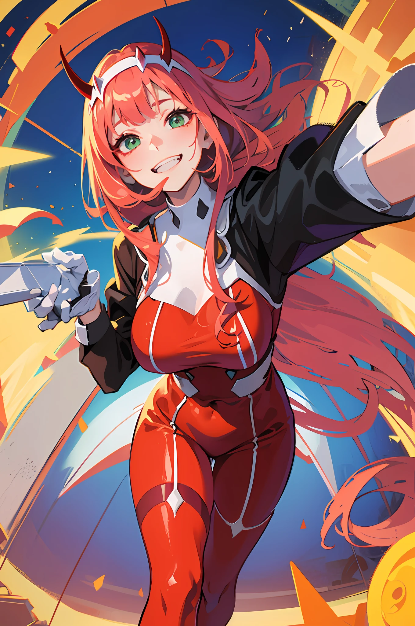 zero two \(darling on franxx\), darling on franxx, 1girl, fringe, selfie, smiling, biting, shadow, green eyes, hair behind head, horns, long hair, makeup, small breasts, red dress, orange tie, belt, red long sleeve, pantyhose, pink hair, red eyeshadow, science fiction, tight skin, solo