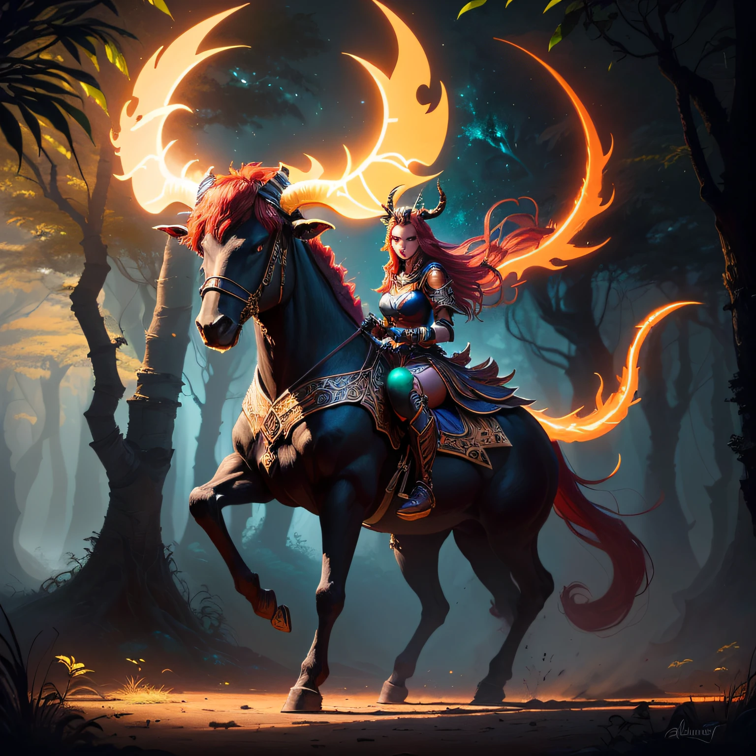 "There is a beautiful girl riding a red hair in the jungle riding Alafis with glowing horns and glowing head and horns)", fantasy art style, Deviantart artstation cgscosiety