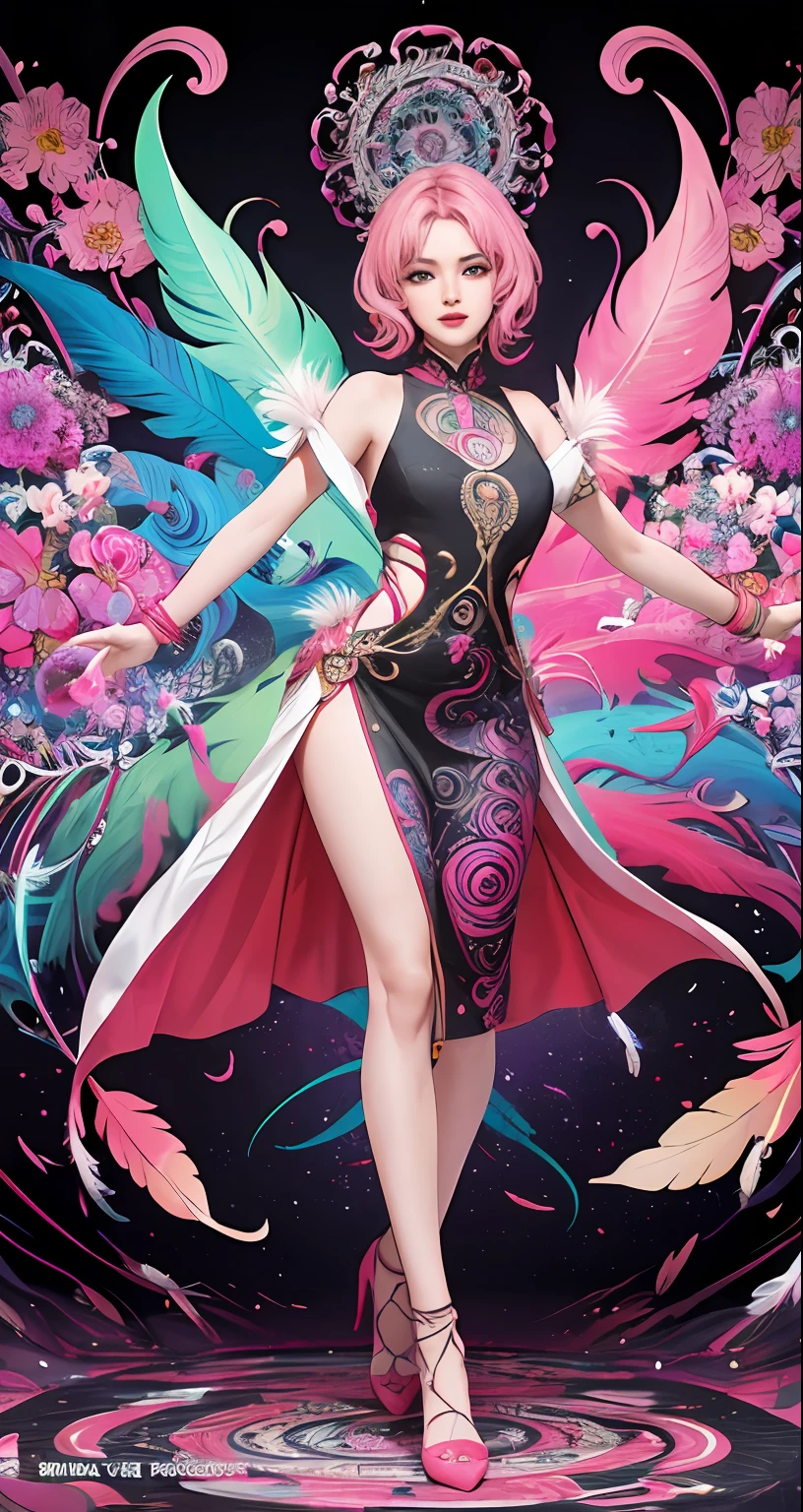 erjie, girl in a fluid and dynamic pose, wearing a loose, flowing pink dress, mysterious expression, curly black and pink hair, [Zhang Ziyi|Aishwarya Rai], in a modern and abstract setting, with bold and colorful abstract art, blurred background, bright lighting, official art, unity 8k wallpaper, (zentangle, mandala, tangle, entangle), intricate clothes,zhongfenghua (full body,from everywhere,masterpiece, top quality, best quality, official art, beautiful and aesthetic:1.2), extremely detailed,(fractal art:1.1),(colorful:1.1)(flowers:1.3),highest detailed,(zentangle:1.2), (dynamic pose), (abstract background:1.3), (shiny skin), (many colors:1.4), (feathers:1.5), dynamic angle, the most beautiful form of chaos, elegant, a brutalist designed, vivid colours, romanticism,
