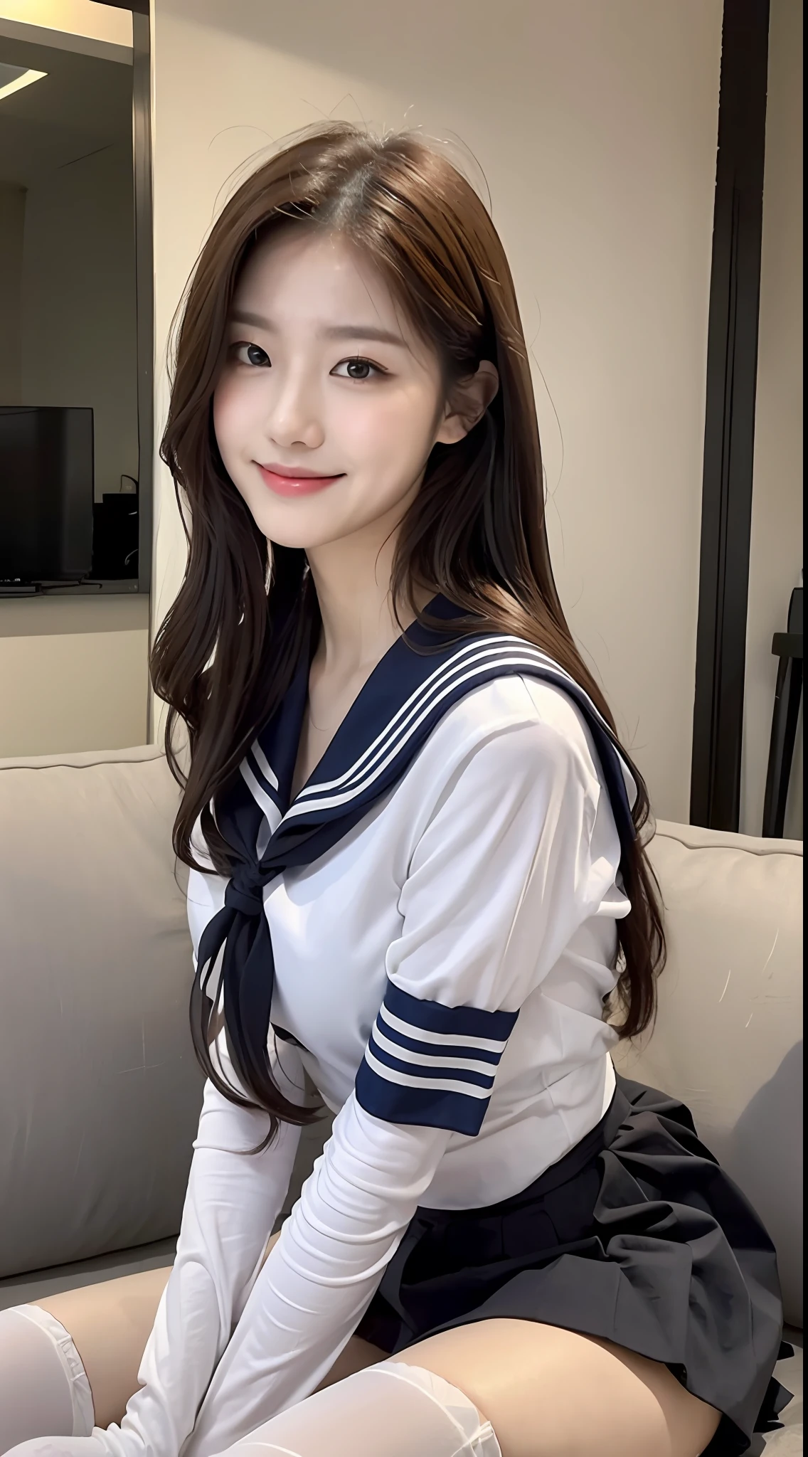 (1 Korean star with royal sister style), ((best quality, 8k, masterpiece: 1.3)), focus: 1.2, perfect body beauty: 1.4, (smile), (room: 1.3), (sitting on the sofa), highly detailed face and skin texture, fine eyes, double eyelids, whitening skin, (big wave hairstyle: 1.3), (round face: 1.5), (sailor skirt: 1.4), (white stockings: 1.3)