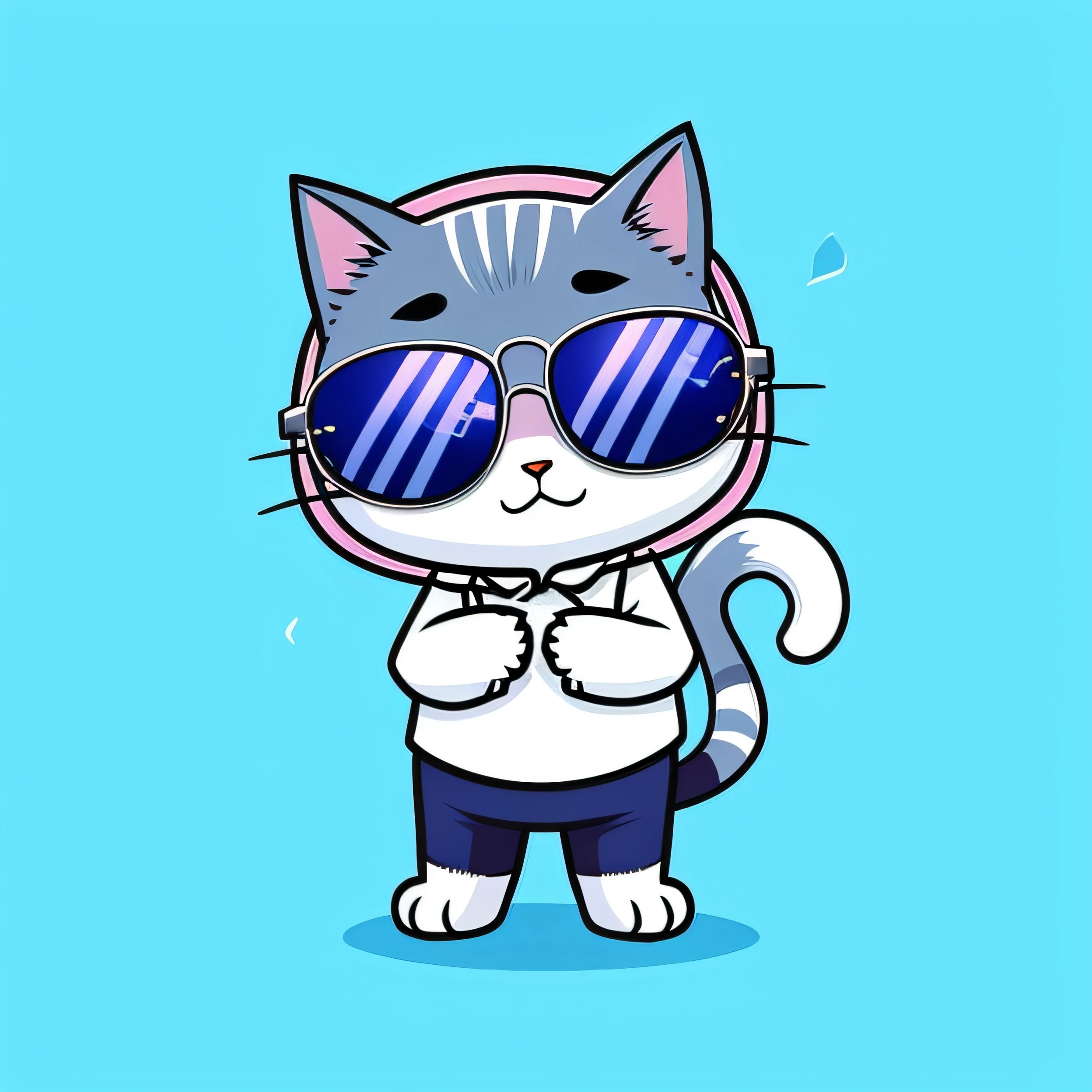 a cartoon cat wearing sunglasses and a white shirt, looking heckin cool and stylish, fursona wearing stylish clothes, fat chibi grey cat, kawaii cat, fluffy cat t - shirt design, anime cat, cute cartoon character, cat design, illustration of a cat, anime visual of a cute cat, a cute cat, anthropomorphic cat, cute cat