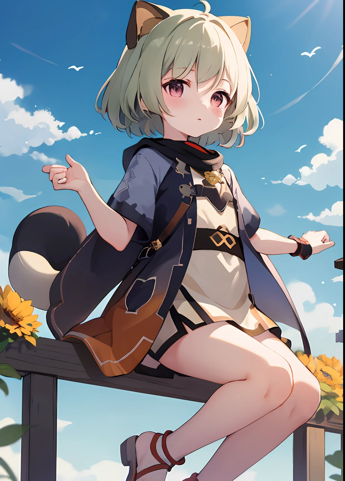 blush, outdoor, daytime, simple background, blue sky, rippled hair, sky, looking at the audience loli, very cute expression, small short legs, avatar, toes,