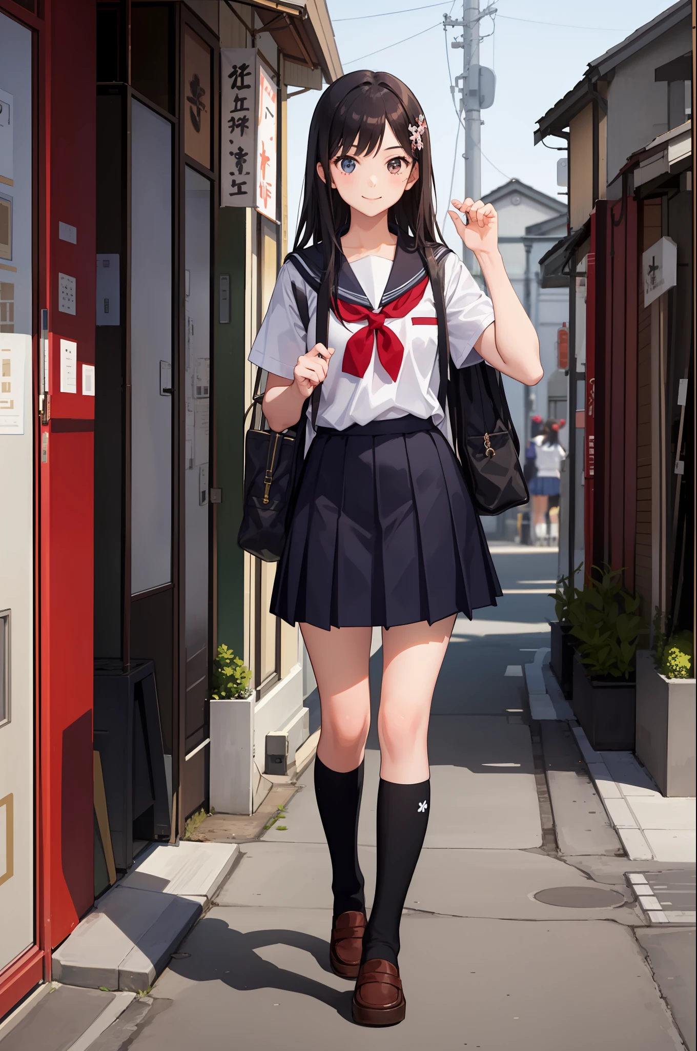 1 girl, smile, shirt, skirt, (small) chiralism, Japan high school school school uniform, serafuk, summer clothes,