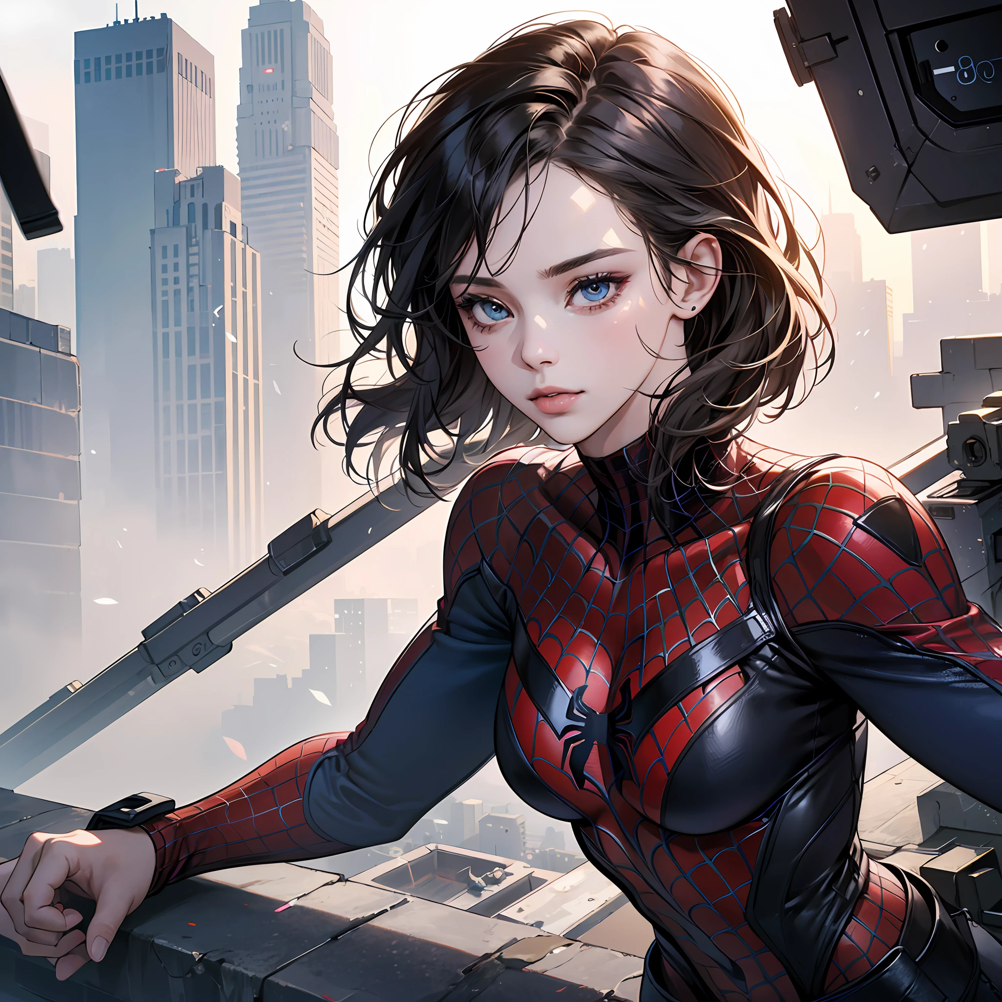 (1girl:1.3), Solo, (((Very detailed face)))), ((Very detailed eyes and face)))), Beautiful detail eyes, Body parts__, Official art, Unified 8k wallpaper, Super detailed, beautiful and beautiful, beautiful, masterpiece, best quality, original, masterpiece, super fine photo, best quality, super high resolution, realistic realism, sunlight, full body portrait, amazing beauty, dynamic pose, delicate face, vibrant eyes, (from the front), She wears Spider-Man suit, red and black color scheme, spider, very detailed city roof background, rooftop, overlooking the city, detailed face, detailed complex busy background, messy, gorgeous, milky white, highly detailed skin, realistic skin details, visible pores, clear focus, volumetric fog, 8k uhd, DSLR, high quality, film grain, fair skin, photo realism, lomography, futuristic dystopian megalopolis, translucent --auto