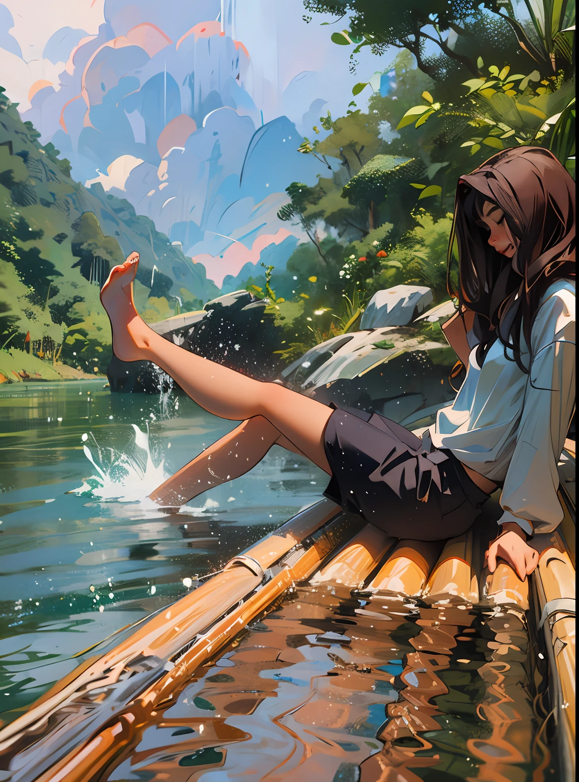 Masterpiece, high quality, HD, perfect face, side face, smile, Arapei sitting on a raft in the middle of the river, sitting on a small bamboo boat next to a waterfall, playing in a waterfall, on a floating rocky island, the jungle of Vietnam is beautiful, in the river in the jungle, calmly drinking the river water, sitting on a log, bathing in the waterfall