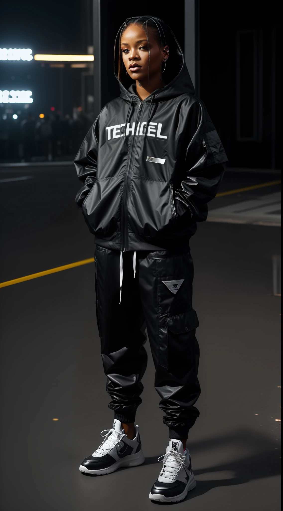 scifi, vintage, Rihanna with techwear sexy clothes, streetwear