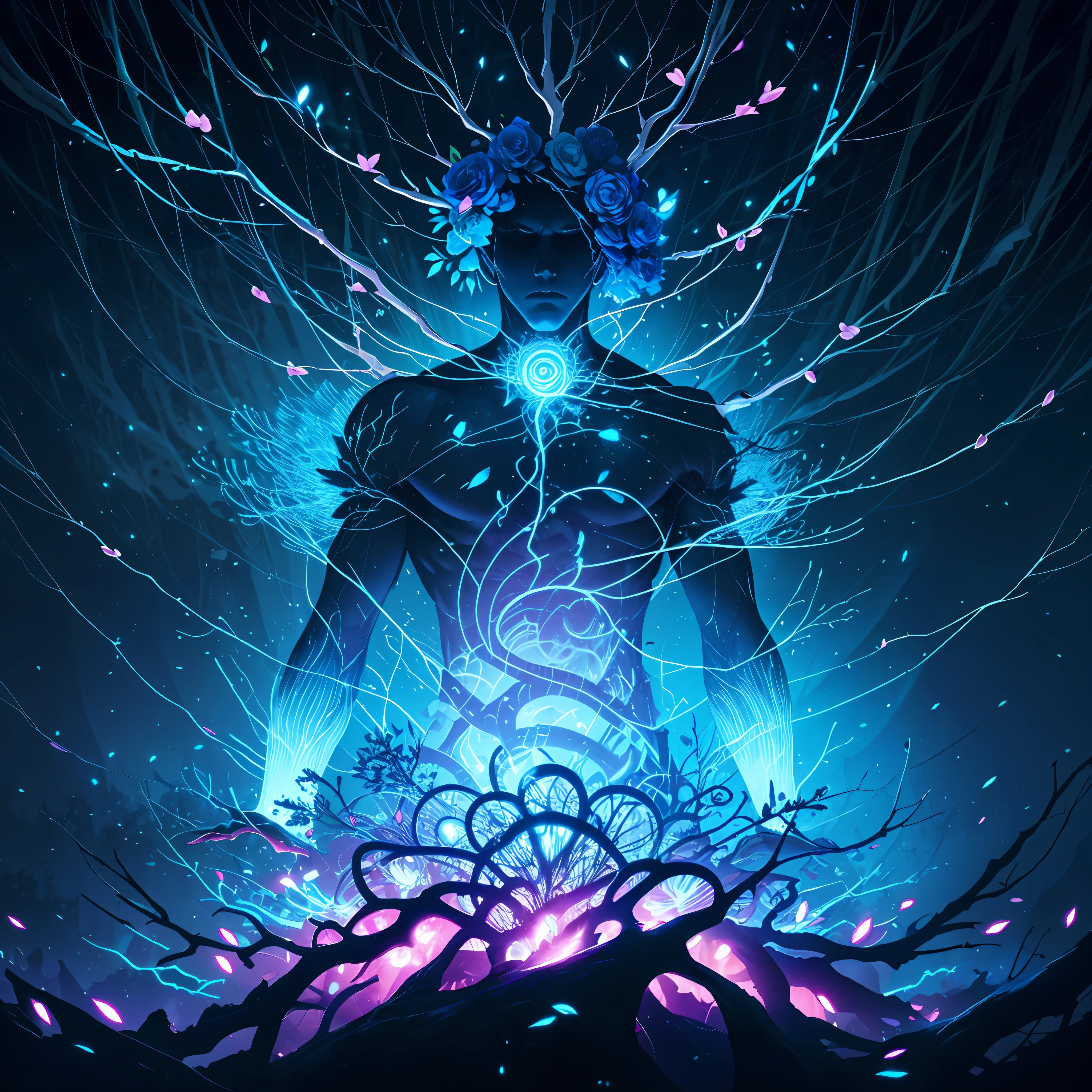 Man made of layered paper flowers, branches, neurons connection, threads and connections, shades of blue, glowing threads, concept art, dark and mysterious --auto