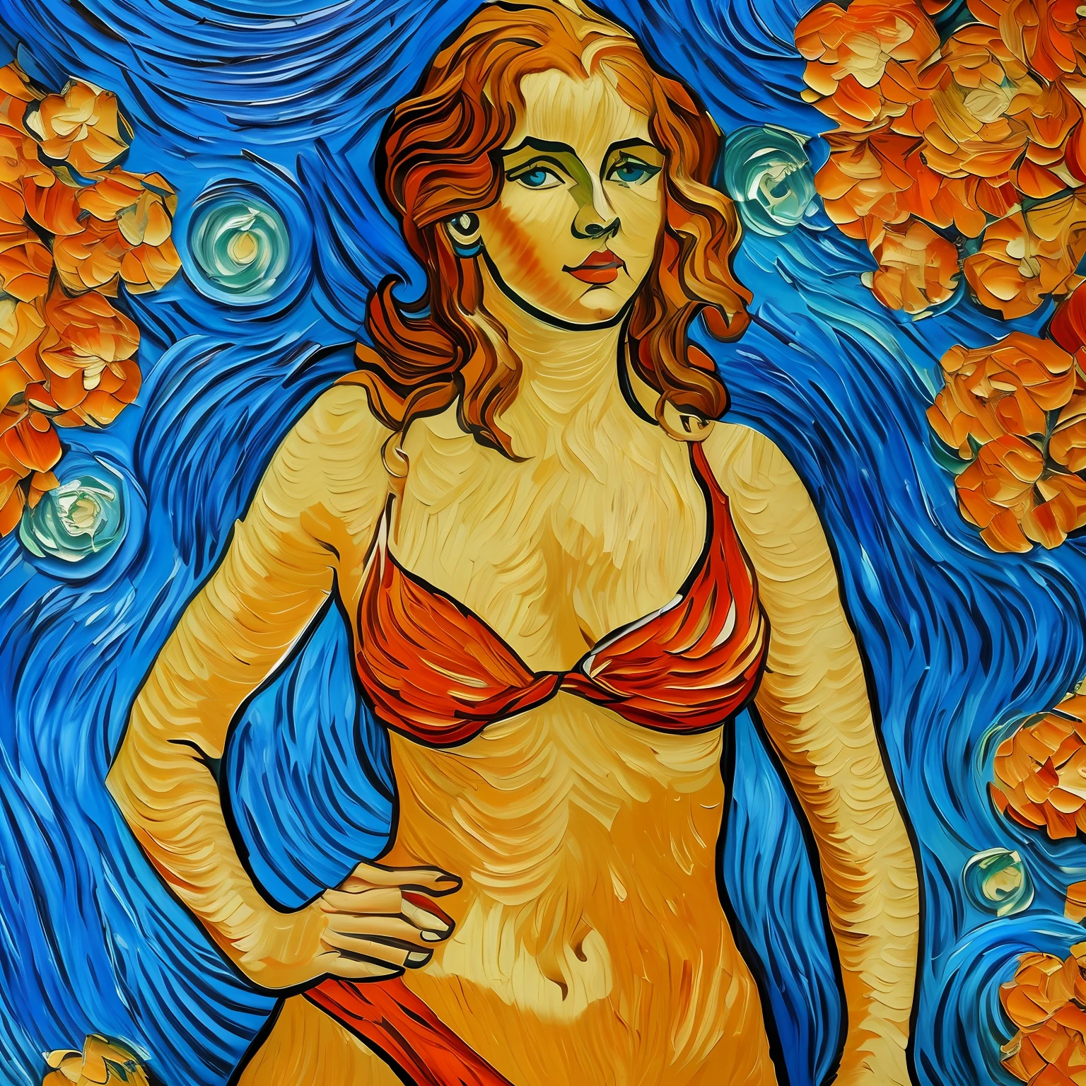 Rough and crude oil painting Van Gogh Thick brush texture on wood bright colors orange and blue, confident and bold beautiful woman in bathing suit, delicate body contour