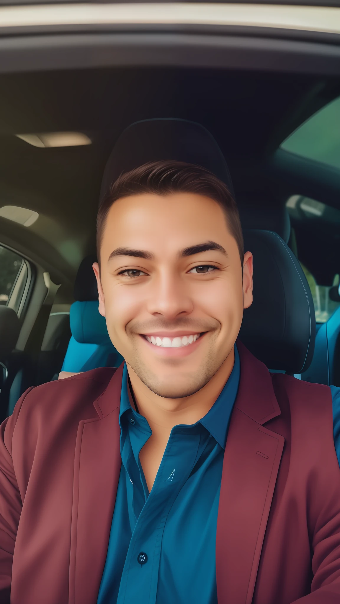 Smiling man in a car with purple shirt and blue jacket, headshot profile picture, professional photo, professional profile picture, headshot photo, realistic animation style anime