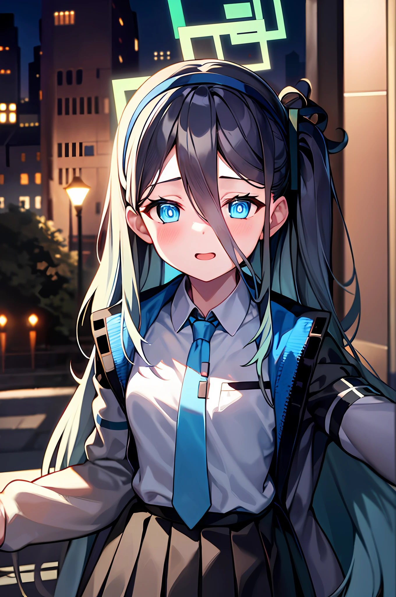 Realistic: 1.4), 1 girl, fine eyes, dark eye makeup, slim waist, blush, K-pop idol, (charm: 1.0), fine eye makeup, puffy eyes, solo, perfect anatomy, (big), (slender), (black hair: 1), (watch viewers). (original_alice), (light blue tie), (marine blue eyes), (zhuo),(alice_halo:0.7),(blue halo),(despair)),(pigtails),(long hair),(long bangs),(blue archive),(black hair band),(long coat),(school uniform),(white long-sleeved shirt),(pleated skirt),(navy blue skirt), depth of field, facial details, skin luster, beautiful eyes, dark eye makeup, slim waist, blush, fine eye makeup, solo, perfect anatomy.fighting stance.chest at night.room.