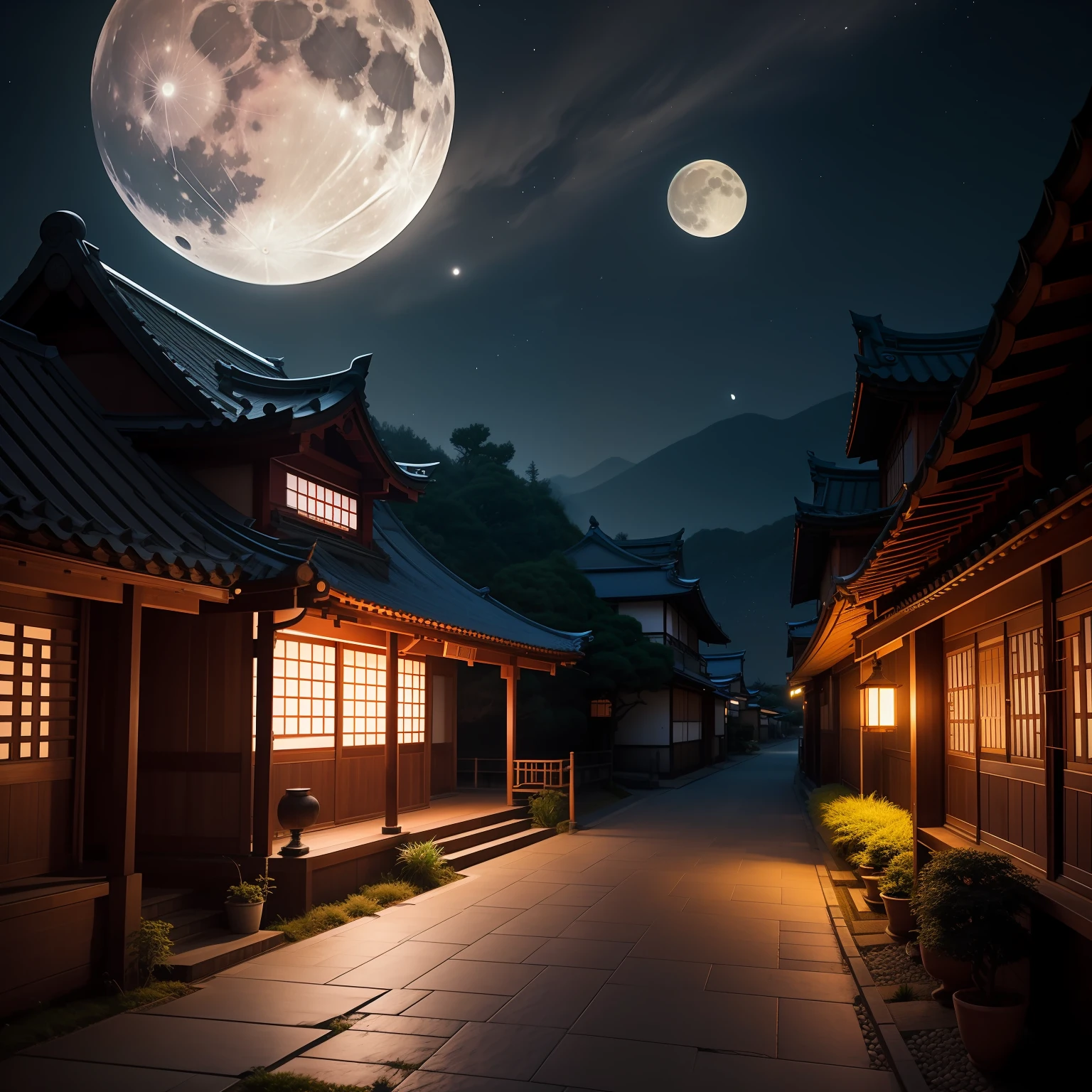 Night scene of streets of full moon and buildings, street moon landscape, Japan at night, Japanese city at night, Japanese town at night, night full moon, fantastic atmosphere of night under moonlight, Japanese village, beautiful moonlight night, Japanese street, night under moonlight, inspired by Kanō Mitsunobu, cyberpunk Japanese temple, Japanese town, garden realism, moon