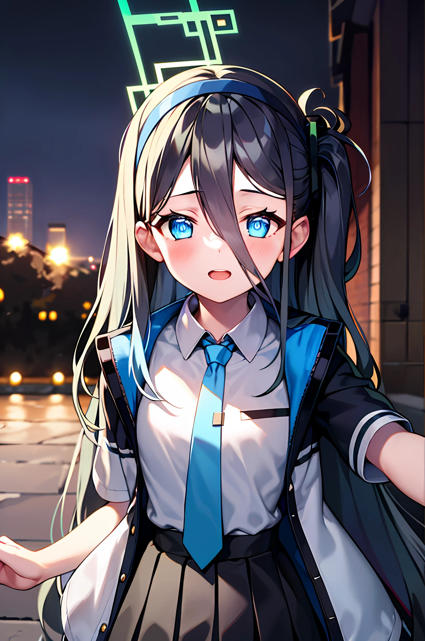 Realistic: 1.4), 1 girl, fine eyes, dark eye makeup, slim waist, blush, K-pop idol, (charm: 1.0), fine eye makeup, puffy eyes, solo, perfect anatomy, (big), (slender), (black hair: 1), (watch viewers). (original_alice), (light blue tie), (marine blue eyes), (zhuo),(alice_halo:0.7),(blue halo),(despair)),(pigtails),(long hair),(long bangs),(blue archive),(black hair band),(long coat),(school uniform),(white long-sleeved shirt),(pleated skirt),(navy blue skirt), depth of field, facial details, skin luster, beautiful eyes, dark eye makeup, slim waist, blush, fine eye makeup, solo, perfect anatomy.fighting stance.chest at night.room.