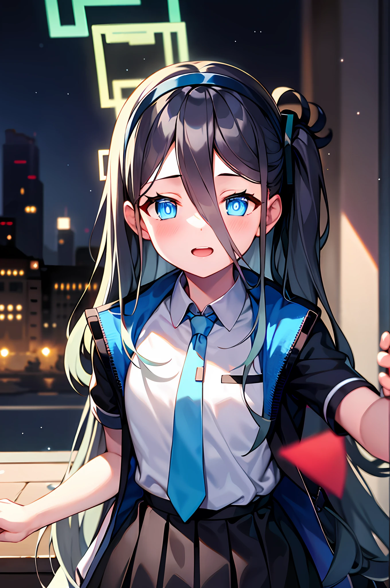 Realistic: 1.4), 1 girl, fine eyes, dark eye makeup, slim waist, blush, K-pop idol, (charm: 1.0), fine eye makeup, puffy eyes, solo, perfect anatomy, (big), (slender), (black hair: 1), (watch viewers). (original_alice), (light blue tie), (marine blue eyes), (zhuo),(alice_halo:0.7),(blue halo),(despair)),(pigtails),(long hair),(long bangs),(blue archive),(black hair band),(long coat),(school uniform),(white long-sleeved shirt),(pleated skirt),(navy blue skirt), depth of field, facial details, skin luster, beautiful eyes, dark eye makeup, slim waist, blush, fine eye makeup, solo, perfect anatomy.fighting stance.chest at night.room.