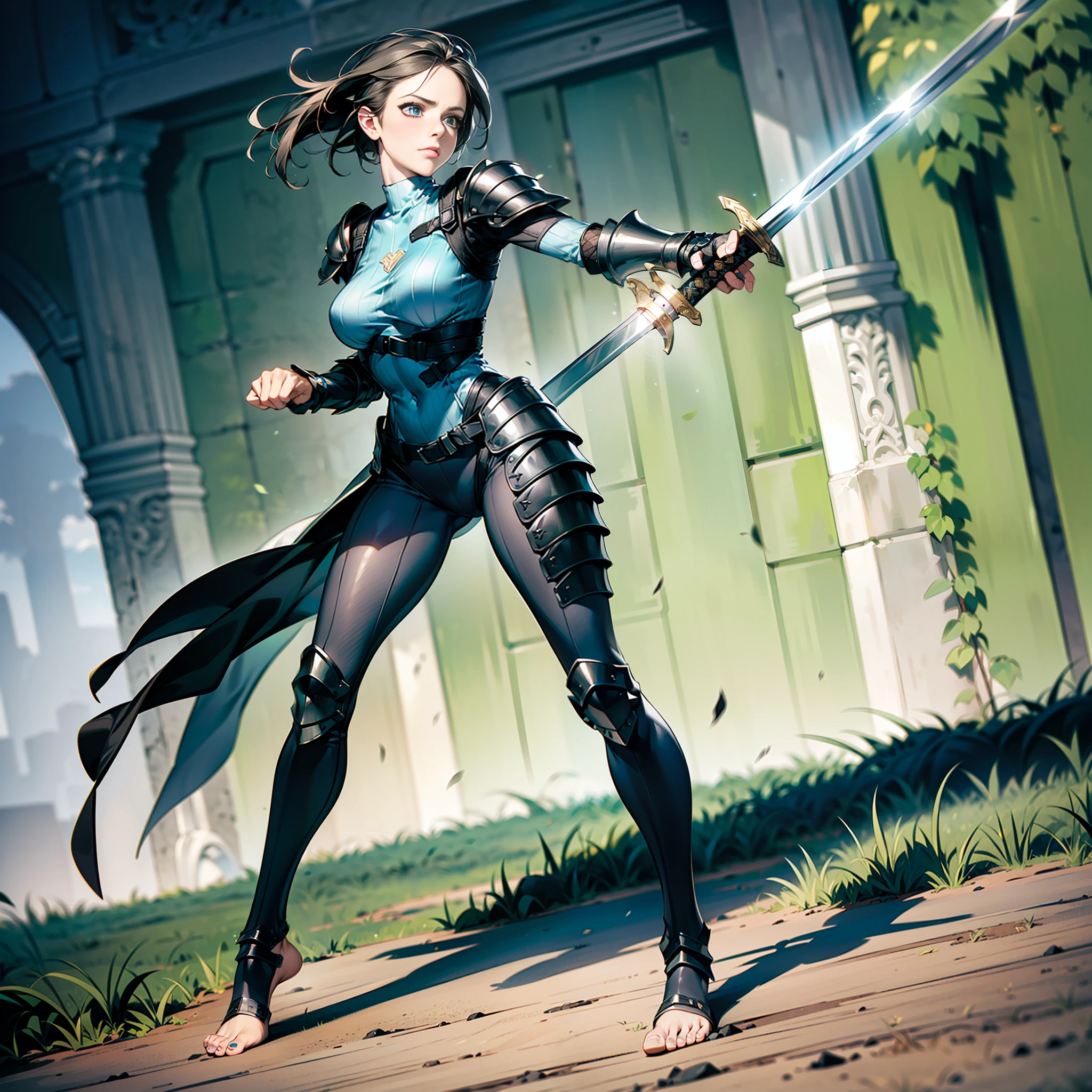 (Jill Valentine), (Realistic), 4K, High Quality, High Detail, ((Perfect Mediable Armor)), (Black Black Color Armor), (Perfect Detailed Face), ((Embarrassed Expression)), (Blue Perfect Eyes), (Black Short Hair), (Detailed Hands), (Wielding a Sword), (Holding the Sword Dynamically and Attack Position), ((Pale Pele)), ((Perfect Anatomy)), (Full Body), (Dynamic Posture), (Strong Appearance), Barefoot, (Perfect feet), ((Place is a green plain of detailed field.)), (Anatomically Correct Detailed).