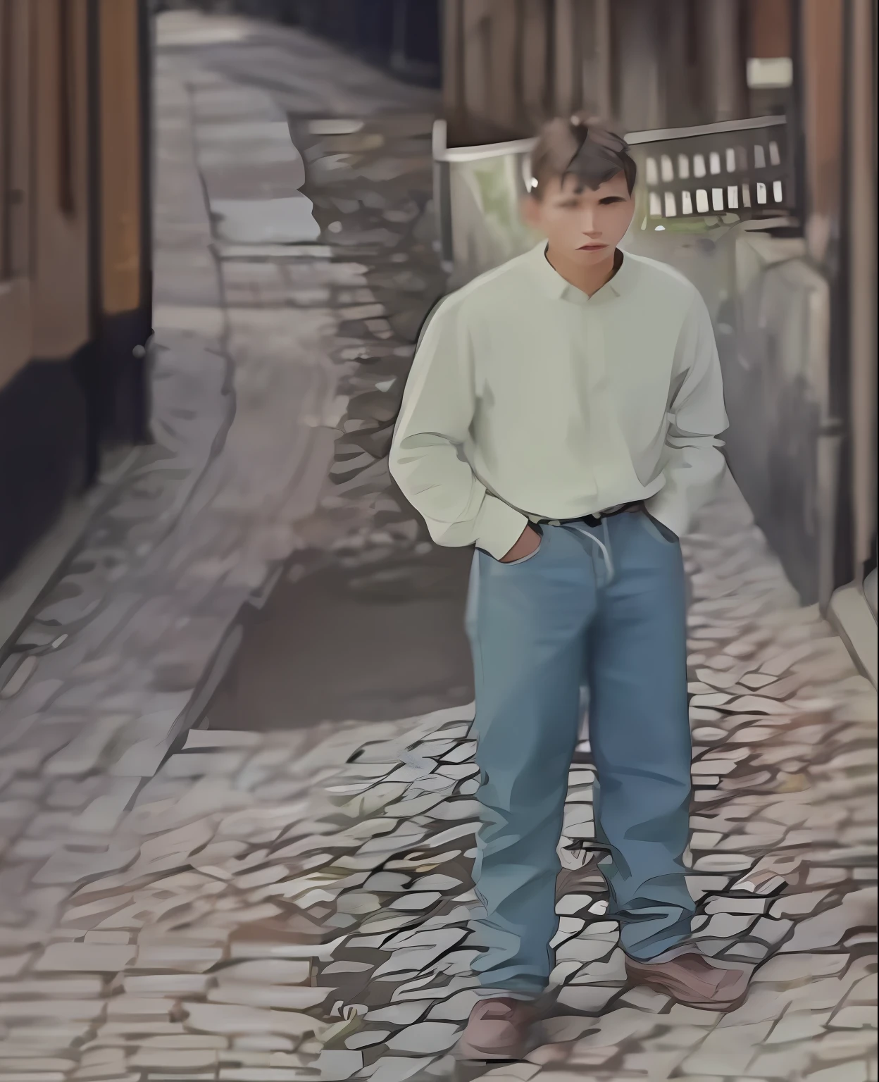 arafed photo of a young man standing on a cobblestone street, standing in an alleyway, standing in street, standing in the street, standing in a city street, standing in a township street, 35mm film still from 1989, aged 13, around 1 9 years old, standing on the street, standing in township street