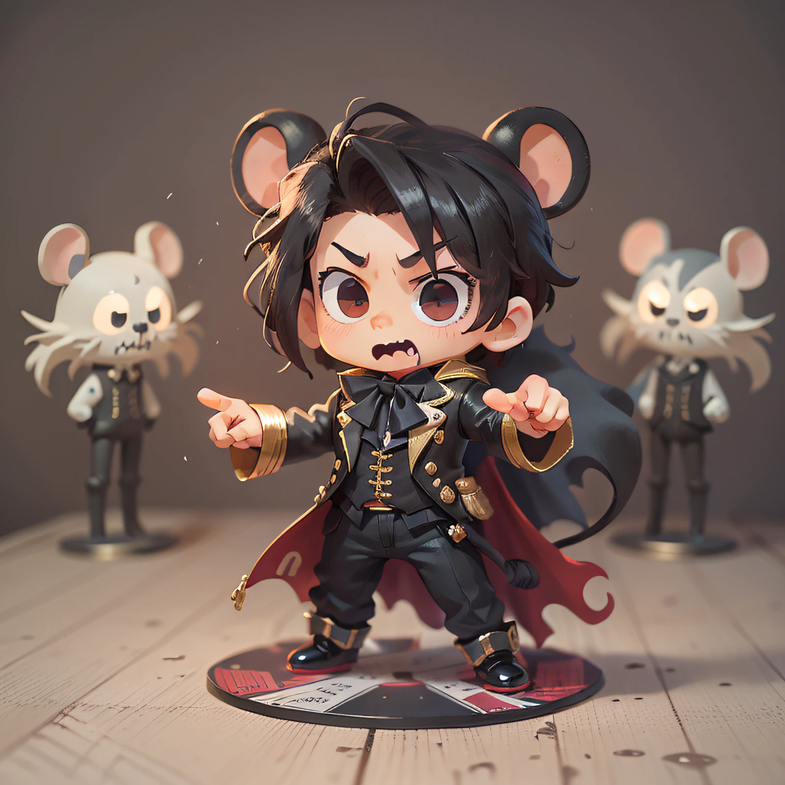 chibi, mouse, cute, phantom of opera, action pose, male, darker background, (black cloth), scary ambience, bigbadejo, full body, masterpiece, 3D Rendering, Best Quality, Lots of Detail, (plain background), vinyl toy figurine, (perfect hands), (5 fingers on each hand)