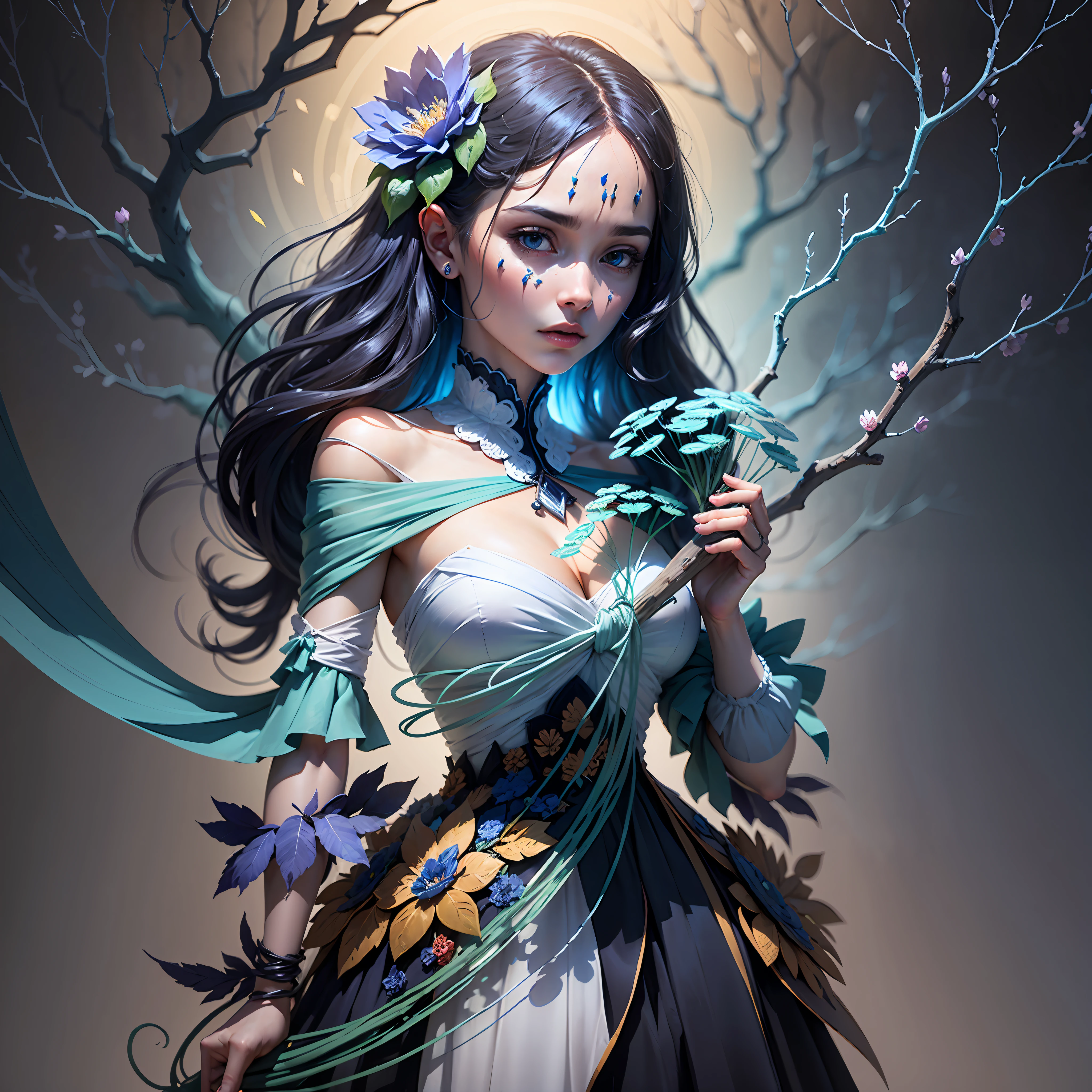 Woman made of layered paper flowers, branches, neurons connection, threads and connections, shades of blue, glowing threads, concept art, dark and mysterious --auto