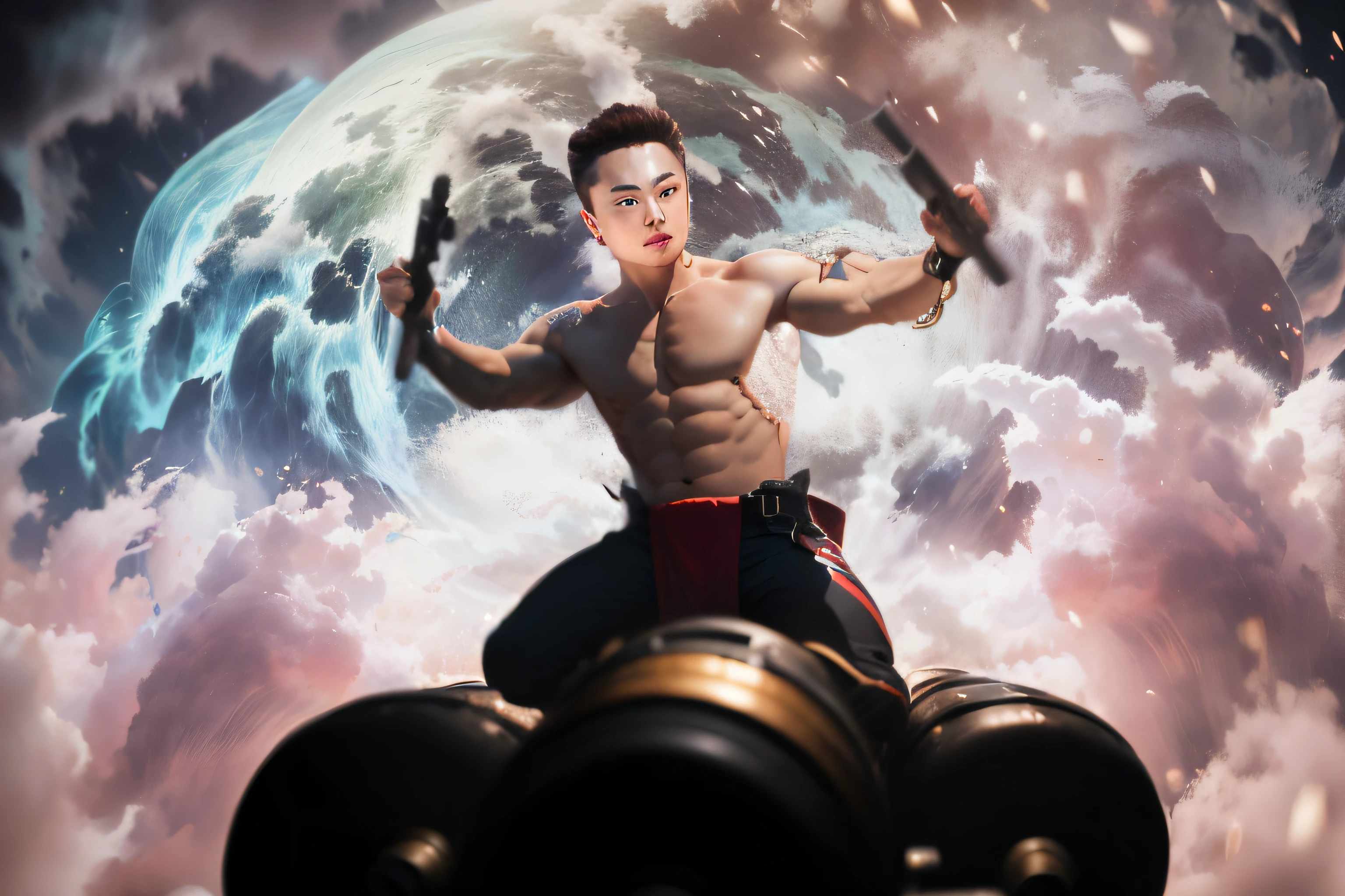 there is a man riding on a cannon with a picture of a man in the background, inspired by Ding Yunpeng, inspired by Gong Xian, inspired by Zhao Zuo, inspired by Li Kan, inspired by Ding Guanpeng, elon musk as a greek god, ancient mongolian elon musk, inspired by Xi Gang, inspired by Guo Chun --auto