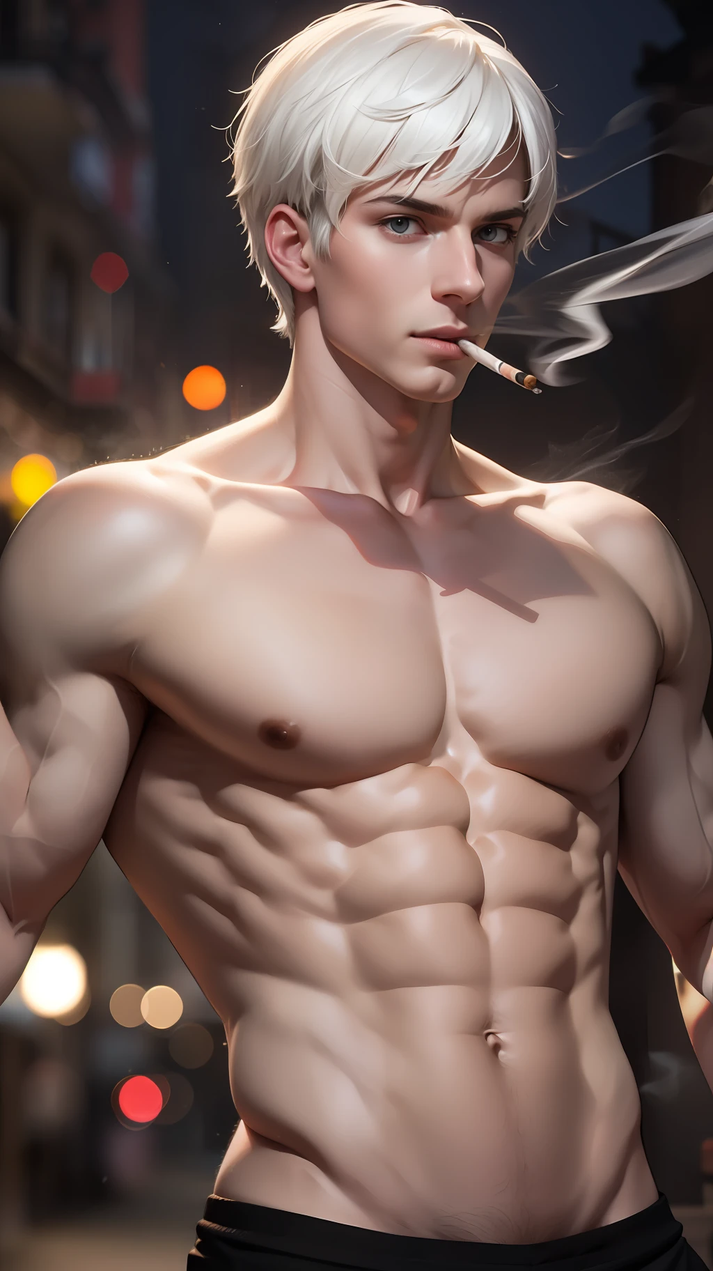 ((Realistic lighting, Best quality, 8K, Masterpiece: 1.3)), Light focus: 1.2, 1boy, Perfect figure: 1.4, Slim Abs: 1.1, ((White hair)), (Street, Night: 1.1), , smoking, street, pale skin, sculpted skinny face, man, male focus, big pectoral, muscles, black clothing, smoke, fog, cigarette in mouth, medium hair