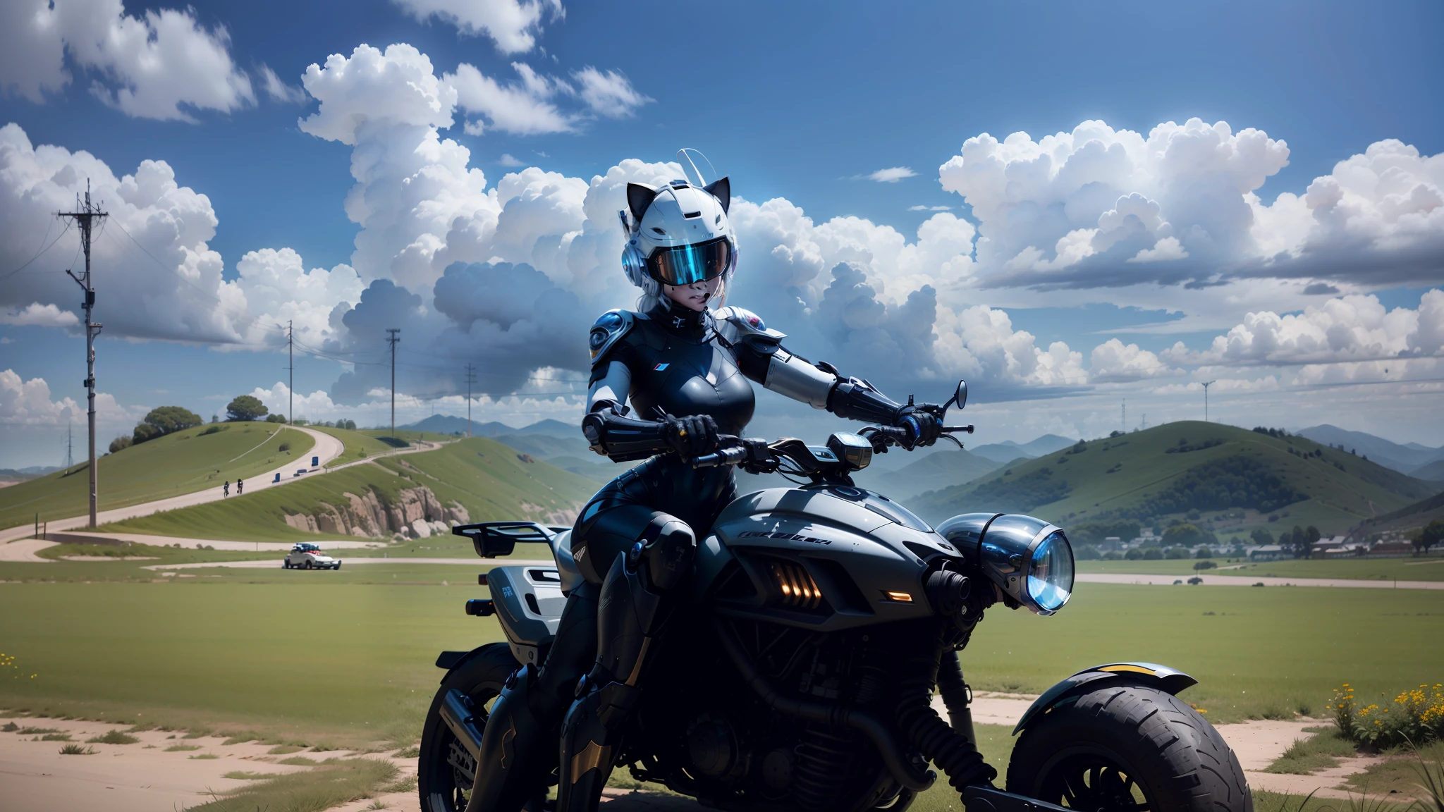 Cyberpunk sexy cute female warrior and cybermechanical car, white tech helmet (helmet with cat ears), full body exquisite high-tech armor, Nousr, biomechanics, MSHN robot man, high-tech helmet, surreal, steel, intricate design, crazy details, fine details, extremely clear lines, cinematic lighting, photo realism, detailed masterpiece