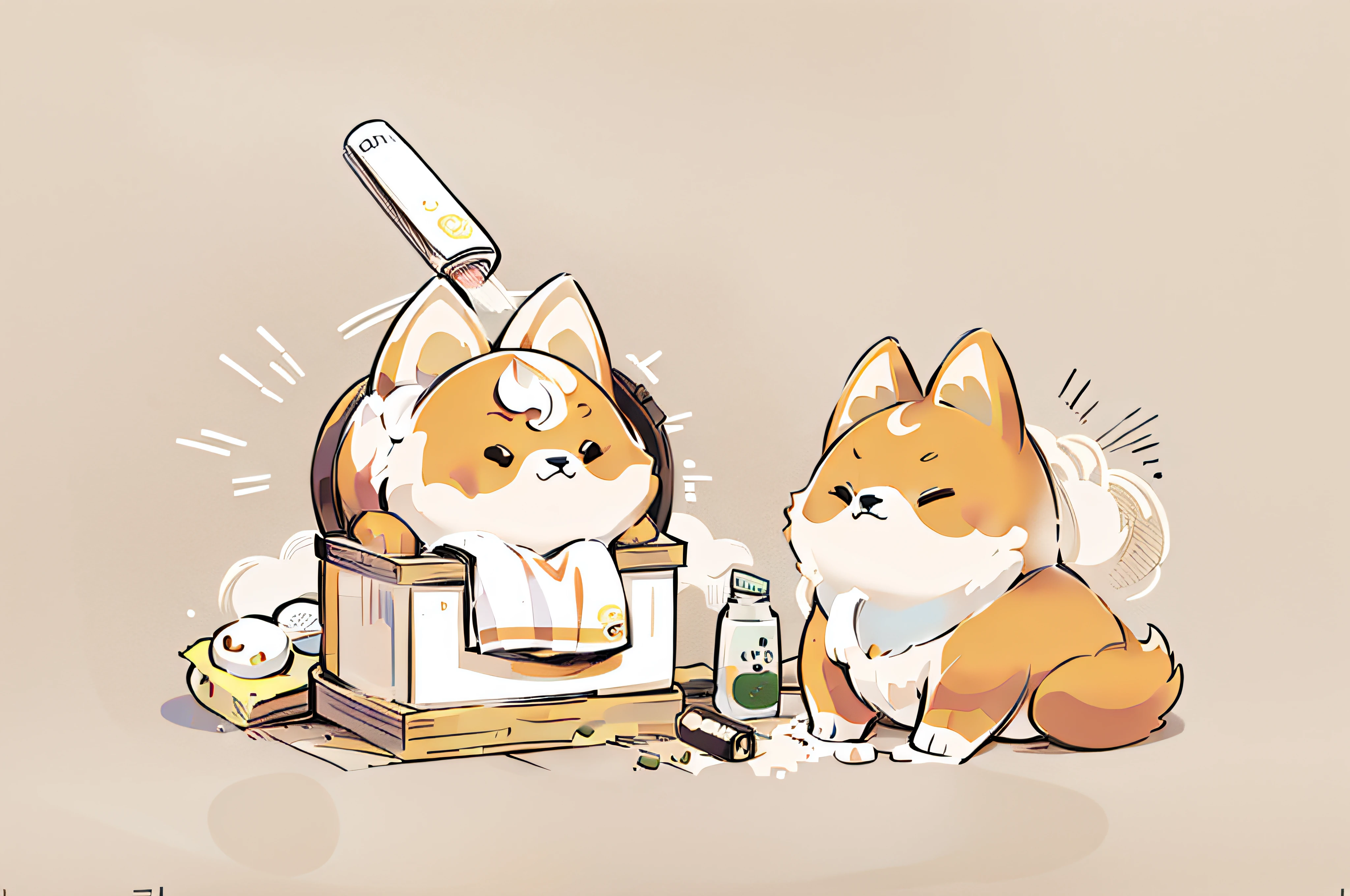 Shiba Inu, a Shiba Inu with two towels on his head, holding a towel and shower gel in his hand, Shiba Mansion, cute, simple drawing style, line drawing