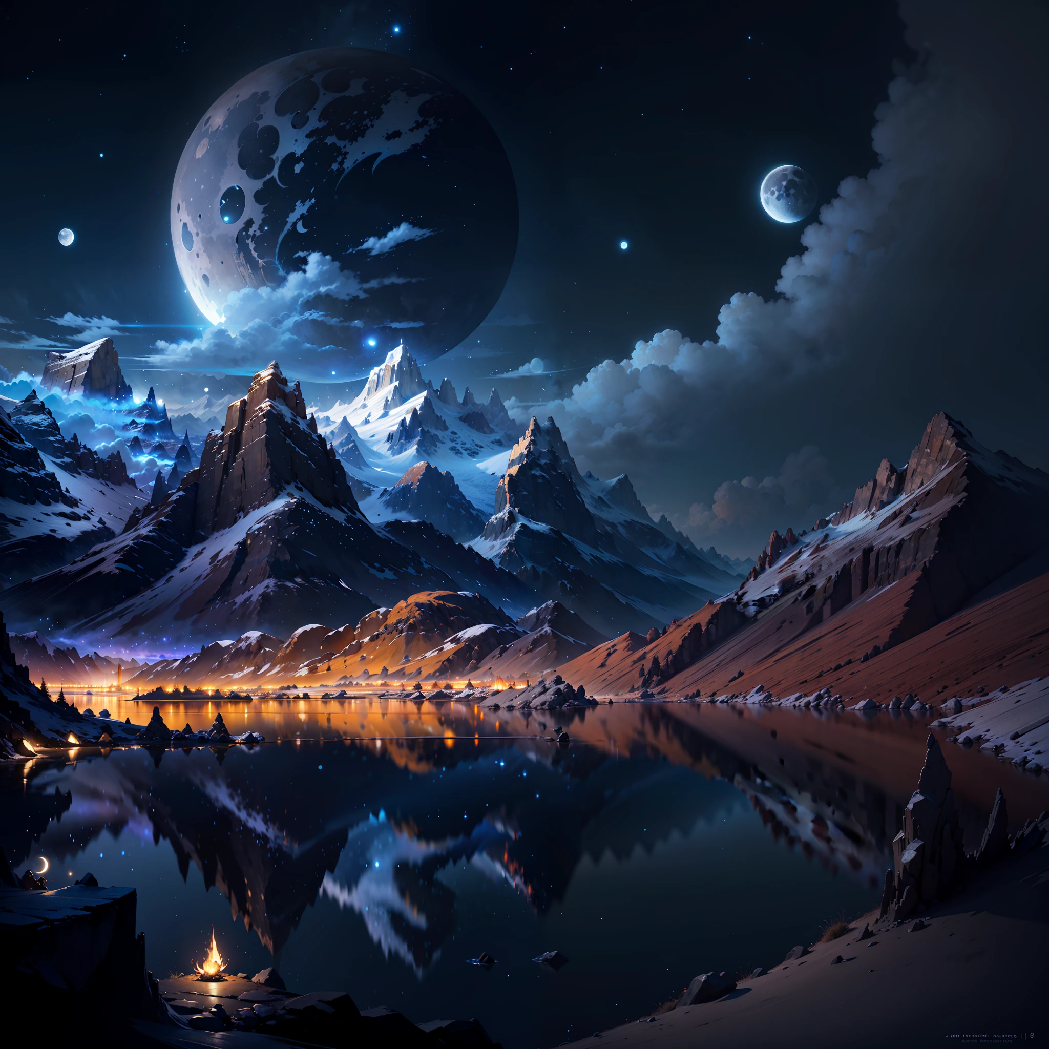 mountains and a lake with a moon in the sky, 4k highly detailed digital art, 4k detailed digital art, beautiful art uhd 4 k, 8k high quality detailed art, 8k stunning artwork, 4 k hd wallpaper very detailed, concept art wallpaper 4k, 4k hd matte digital painting, 4k fantasy art, digital art widescreen 8 k