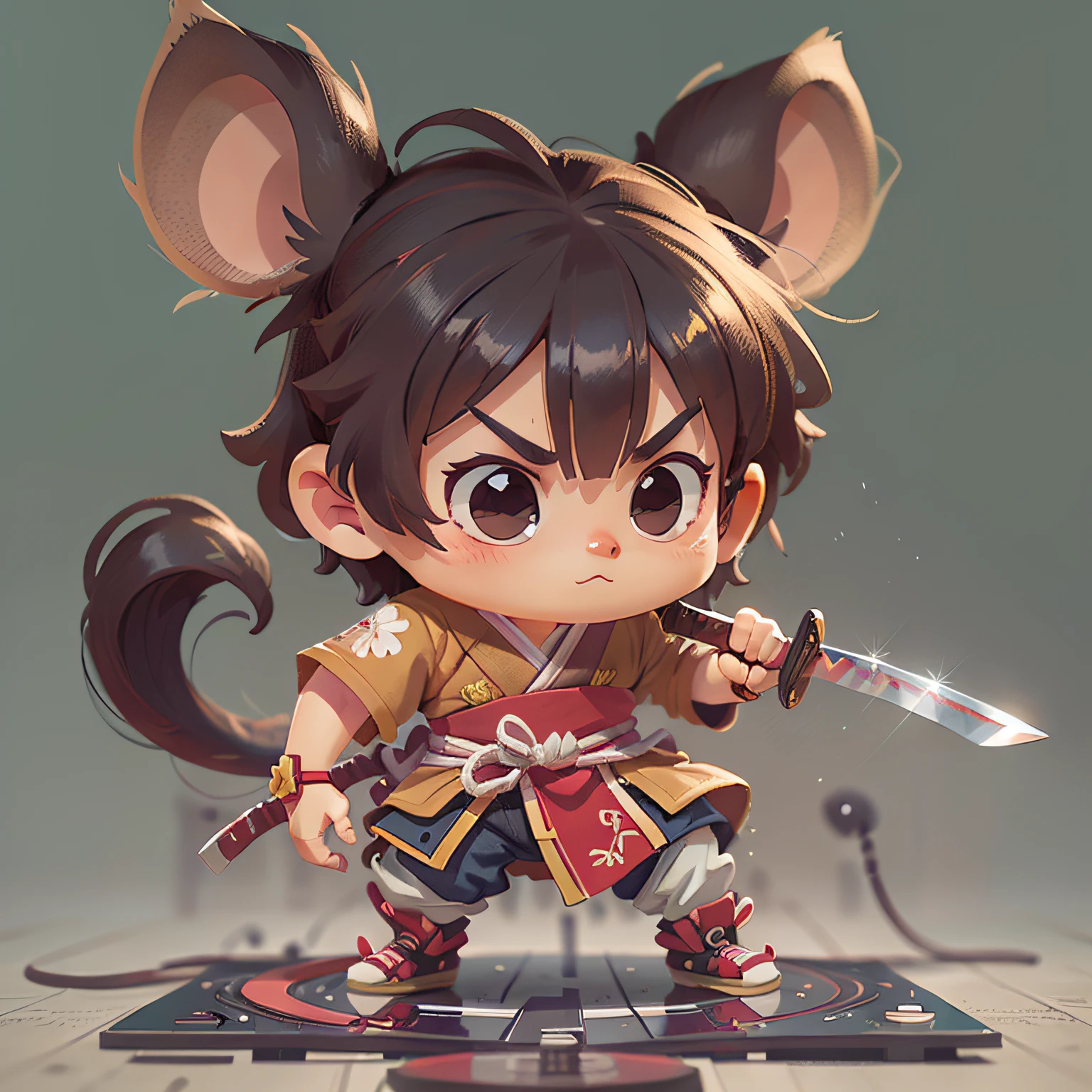 chibi, mouse, cute, samurai, action pose, male, (holding a perfect katana with 2 hands), bigbadejo, full body, masterpiece, 3D Rendering, Best Quality, Lots of Detail, (plain background), vinyl toy figurine, (perfect hands), (5 fingers on each hand)