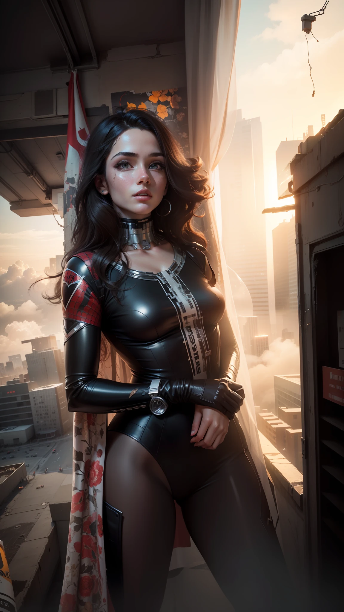 (1girl:1.3), Solo, (((Very detailed face)))), ((Very detailed eyes and face)))), Beautiful detail eyes, Body parts__, Official art, Unified 8k wallpaper, Super detailed, beautiful and beautiful, beautiful, masterpiece, best quality, original, masterpiece, super fine photo, best quality, super high resolution, realistic realism, sunlight, full body portrait, amazing beauty, dynamic pose, delicate face, vibrant eyes, (from the front), She wears Spider-Man suit, red and black color scheme, spider, very detailed city roof background, rooftop, overlooking the city, detailed face, detailed complex busy background, messy, gorgeous, milky white, highly detailed skin, realistic skin details, visible pores, clear focus, volumetric fog, 8k uhd, DSLR, high quality, film grain, fair skin, photo realism, lomography, futuristic dystopian megalopolis, translucent