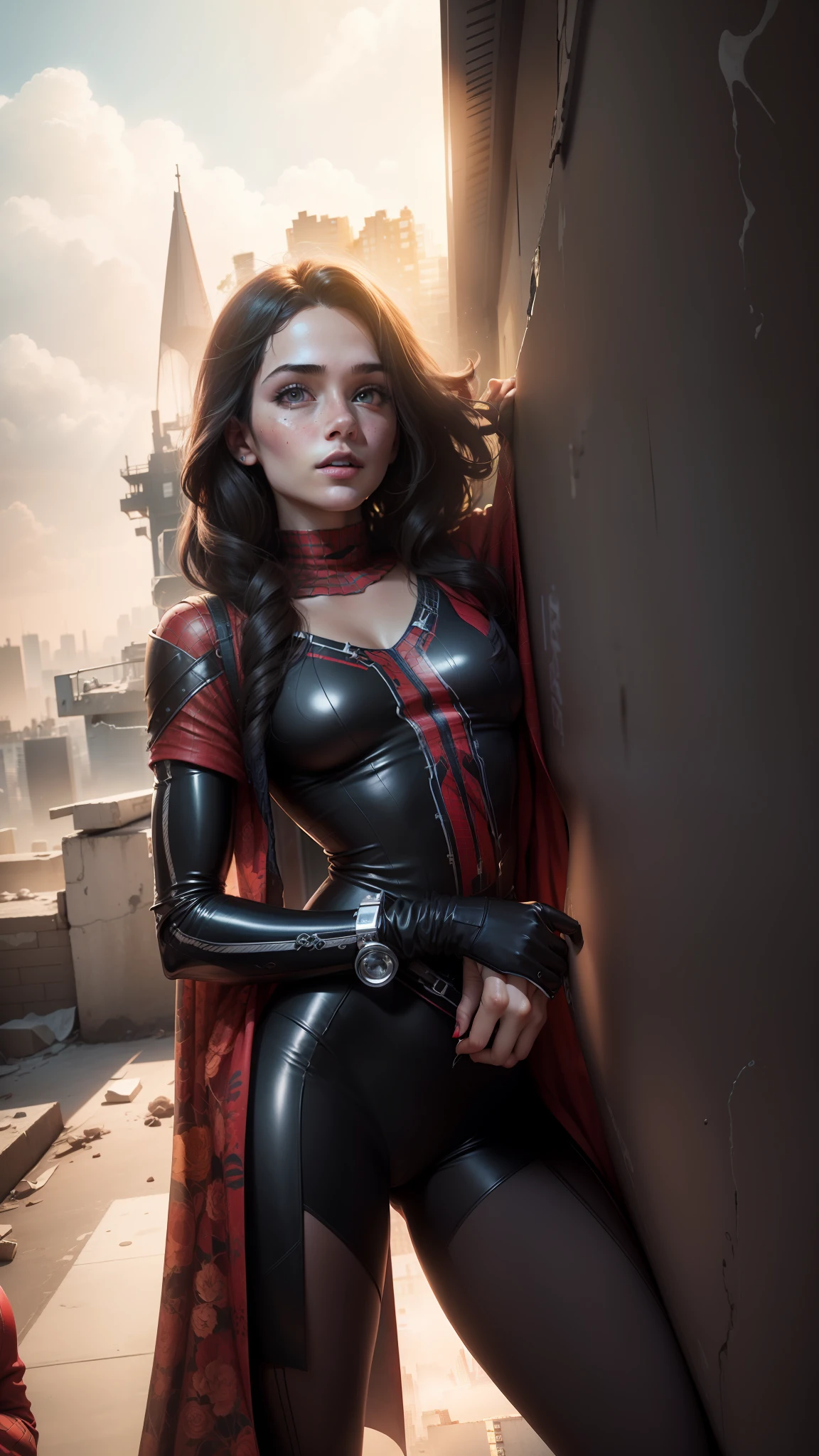 (1girl:1.3), Solo, (((Very detailed face)))), ((Very detailed eyes and face)))), Beautiful detail eyes, Body parts__, Official art, Unified 8k wallpaper, Super detailed, beautiful and beautiful, beautiful, masterpiece, best quality, original, masterpiece, super fine photo, best quality, super high resolution, realistic realism, sunlight, full body portrait, amazing beauty, dynamic pose, delicate face, vibrant eyes, (from the front), She wears Spider-Man suit, red and black color scheme, spider, very detailed city roof background, rooftop, overlooking the city, detailed face, detailed complex busy background, messy, gorgeous, milky white, highly detailed skin, realistic skin details, visible pores, clear focus, volumetric fog, 8k uhd, DSLR, high quality, film grain, fair skin, photo realism, lomography, futuristic dystopian megalopolis, translucent