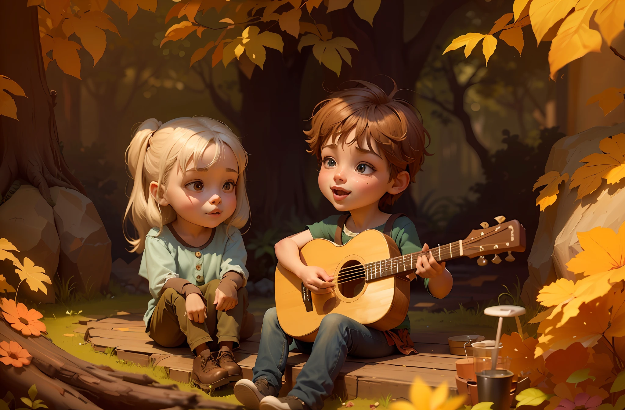 painting of two cheerful, lively, happy, celebrating, playing guitar in a forest, 3d drawing of friends, by Craig Davison, by Elaine Hamilton, playing little viola, by Orshi Drozdik, in the style of Shrek movie, animated movie still, 3D animated movie still, adorable disney pixar digital painting, by Eugeniusz Zak, cute art, by Nándor Katona, Masterpiece, high quality.