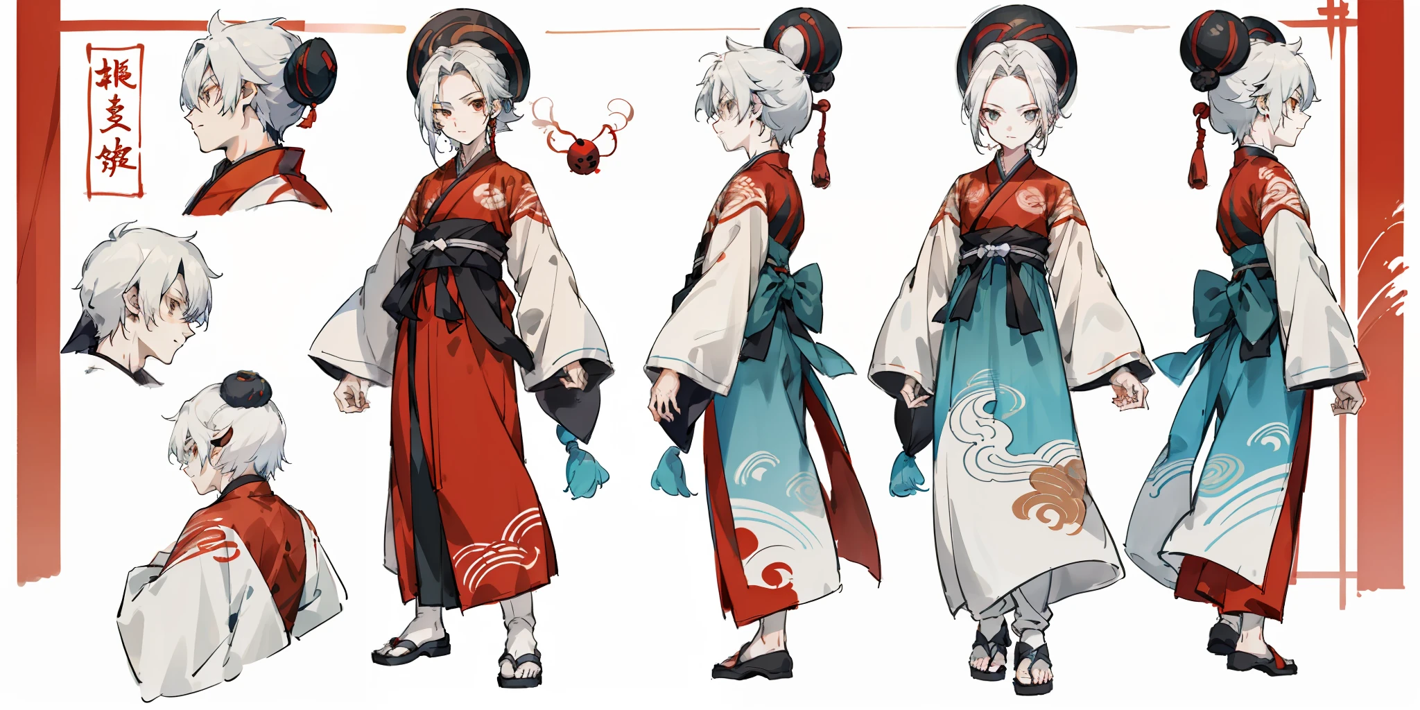 1 boy, character sheet, Hanfu, in the anime version, as Kakashi in the villain version, long flowing clothes, full body, (masterpiece: 1.2), (best quality: 1.3), 1 boy, standing, handsome, short white hair